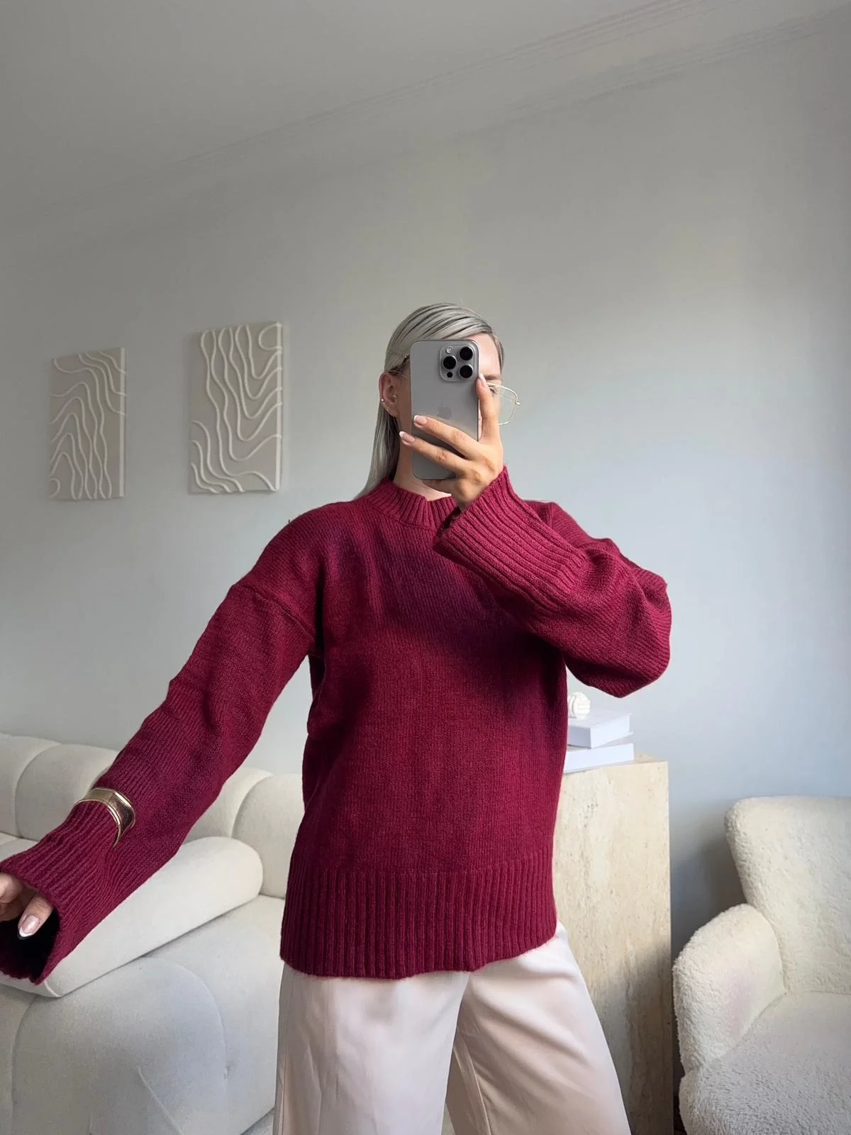 Oversize Bisiklet Yaka Kazak - BORDO