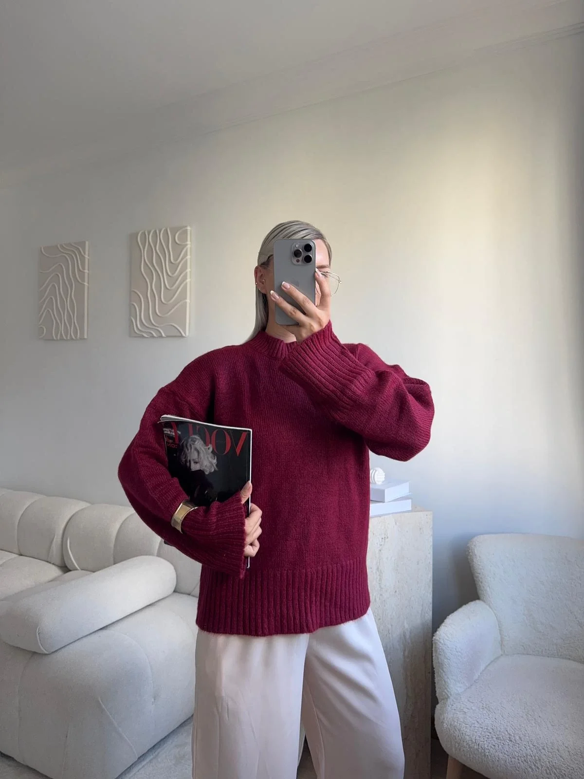 Oversize Bisiklet Yaka Kazak - BORDO