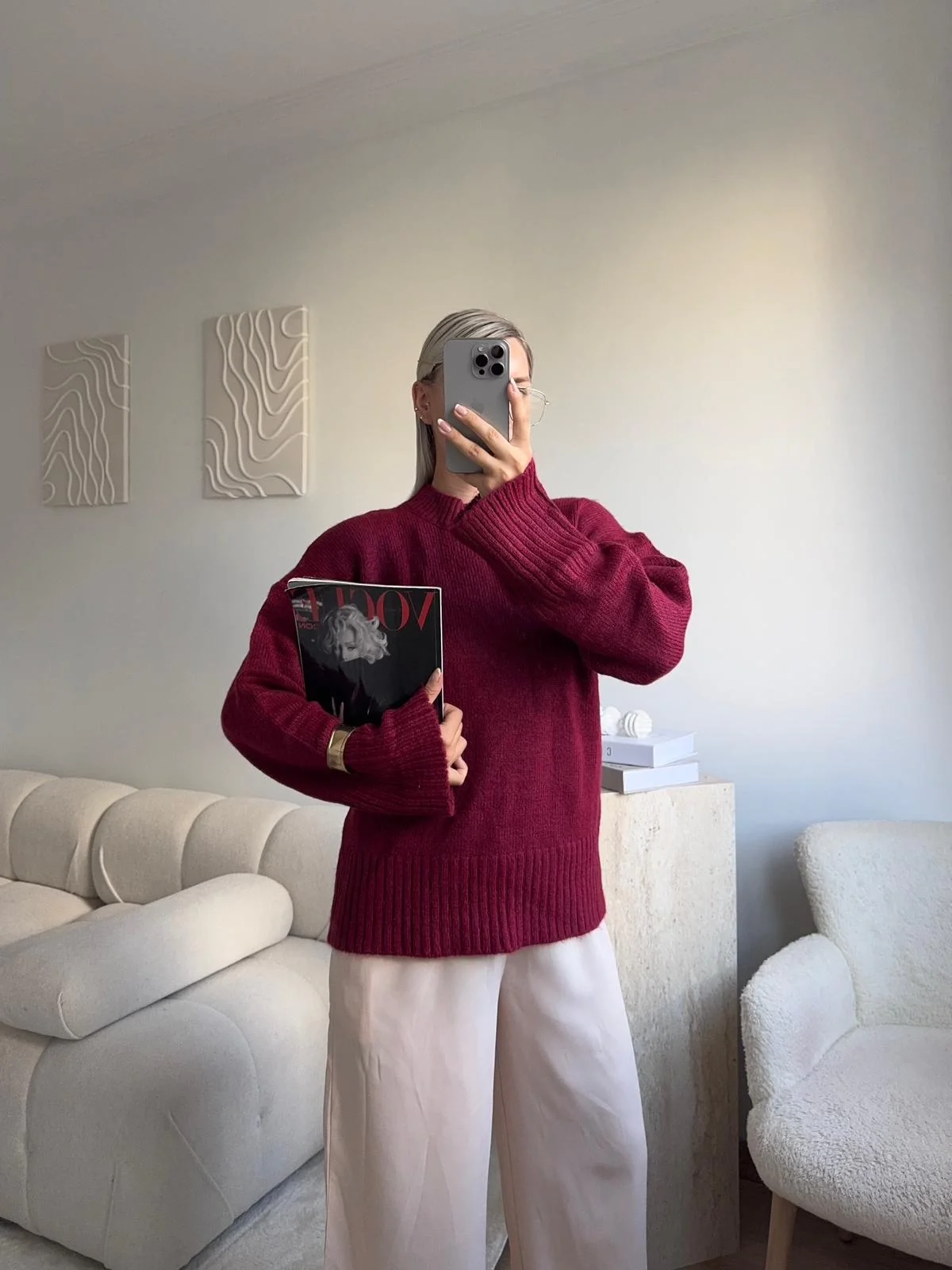 Oversize Bisiklet Yaka Kazak - BORDO