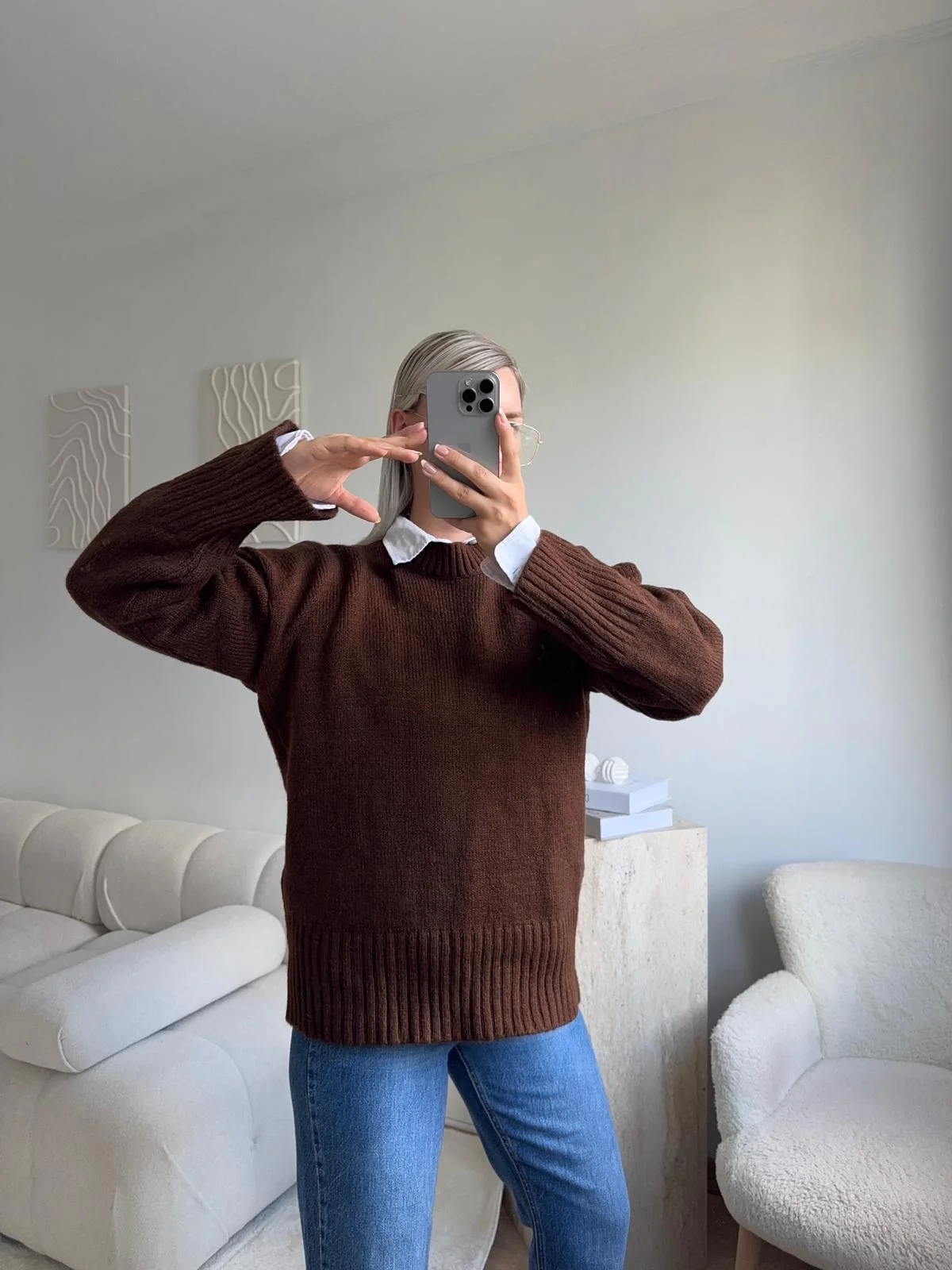 Oversize Bisiklet Yaka Kazak - KAHVE