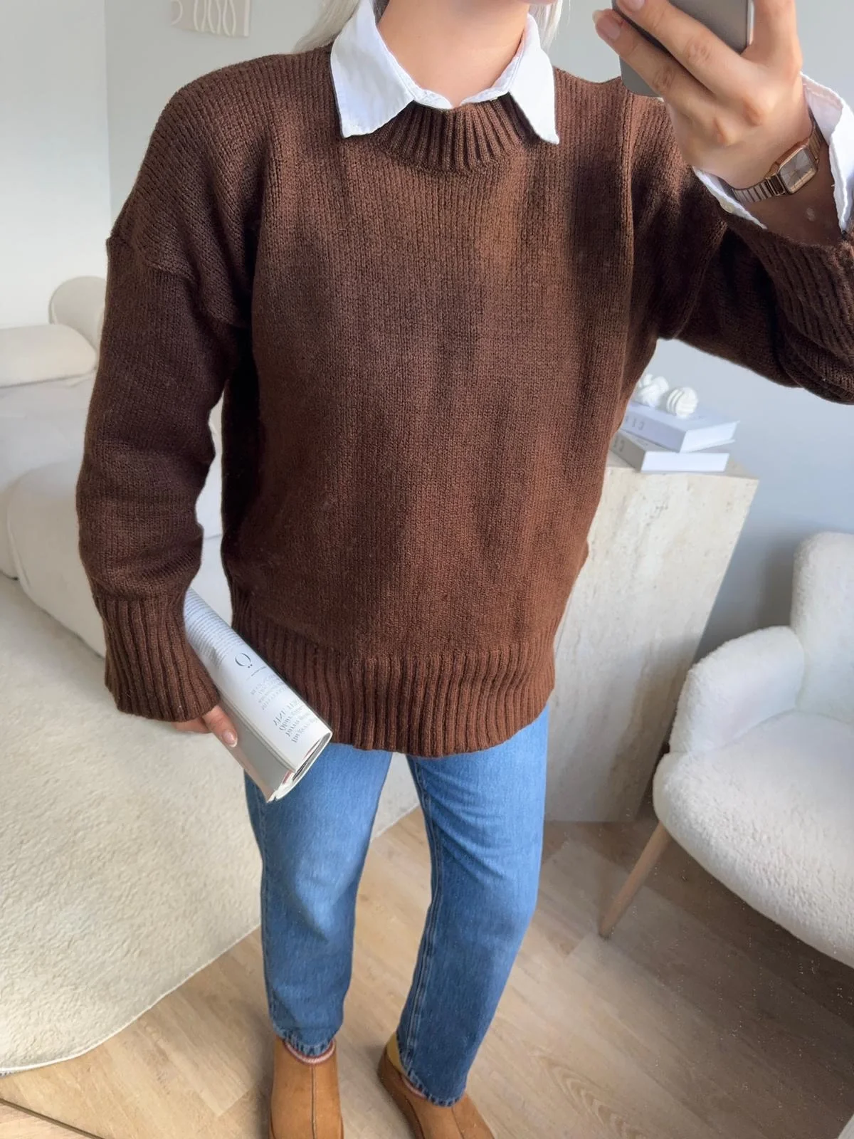 Oversize Bisiklet Yaka Kazak - KAHVE