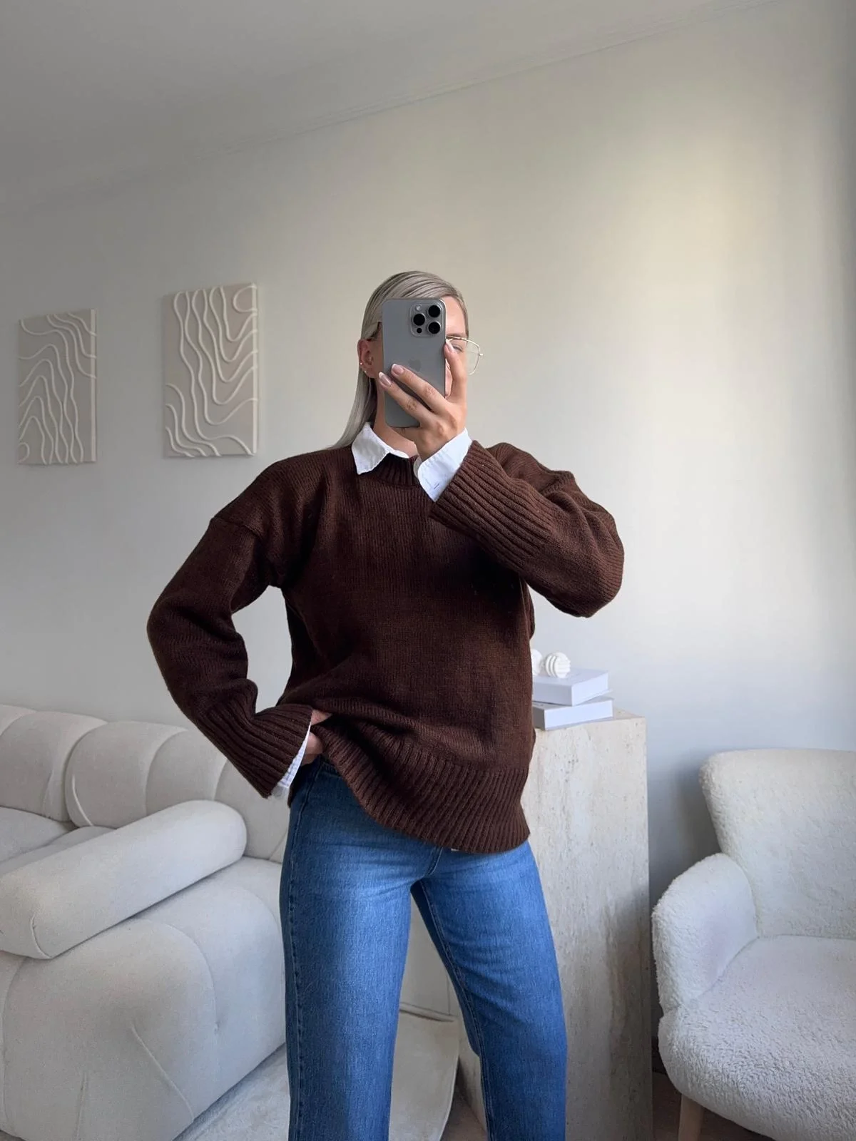 Oversize Bisiklet Yaka Kazak - KAHVE