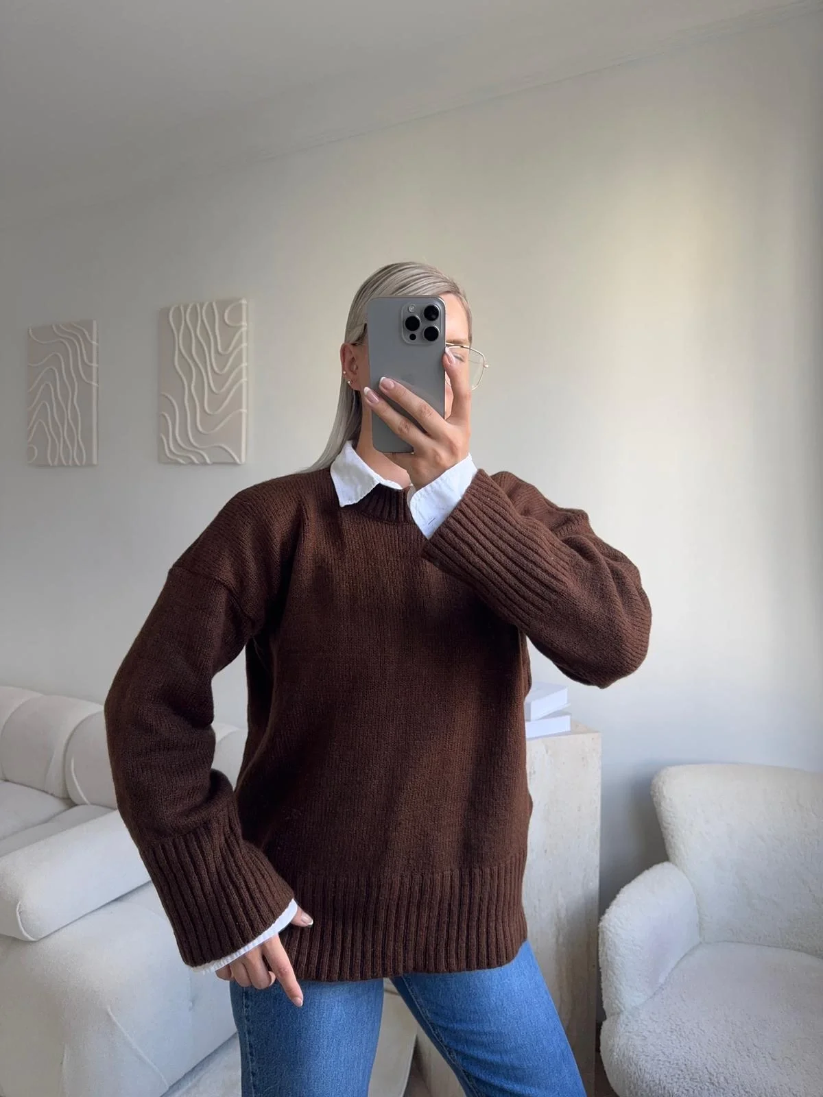 Oversize Bisiklet Yaka Kazak - KAHVE