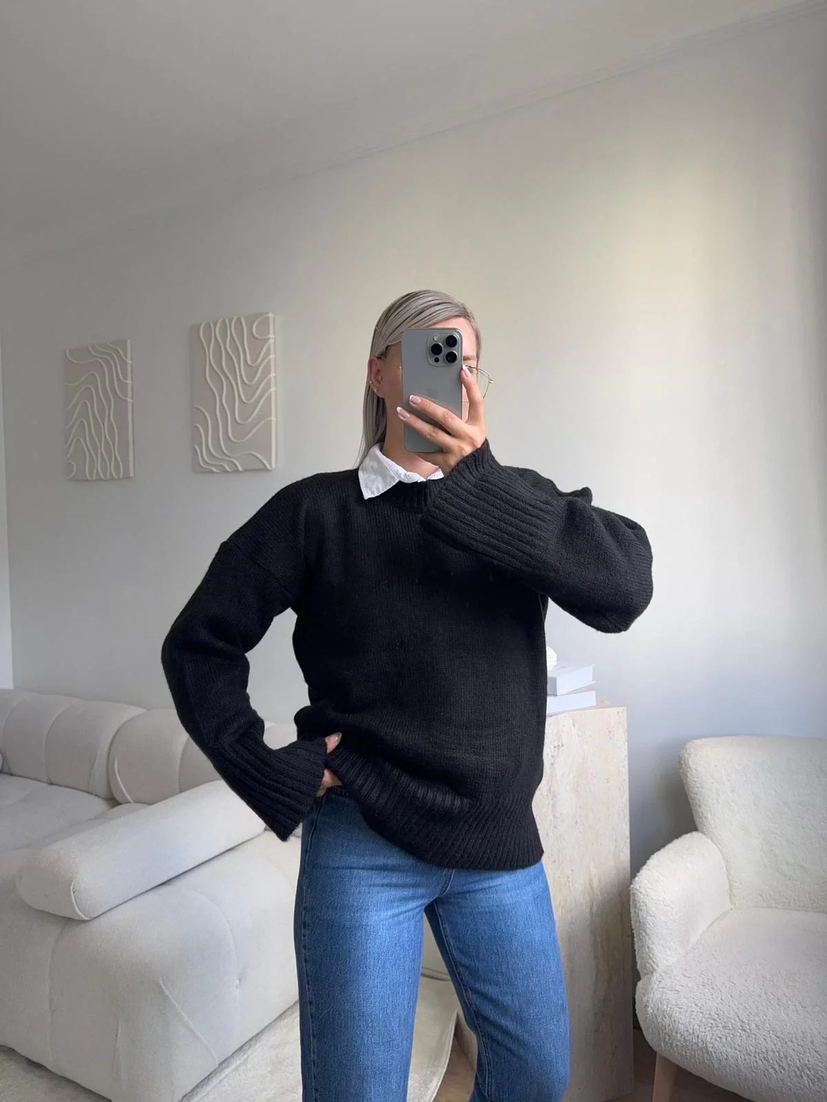 Oversize Bisiklet Yaka Kazak - SİYAH