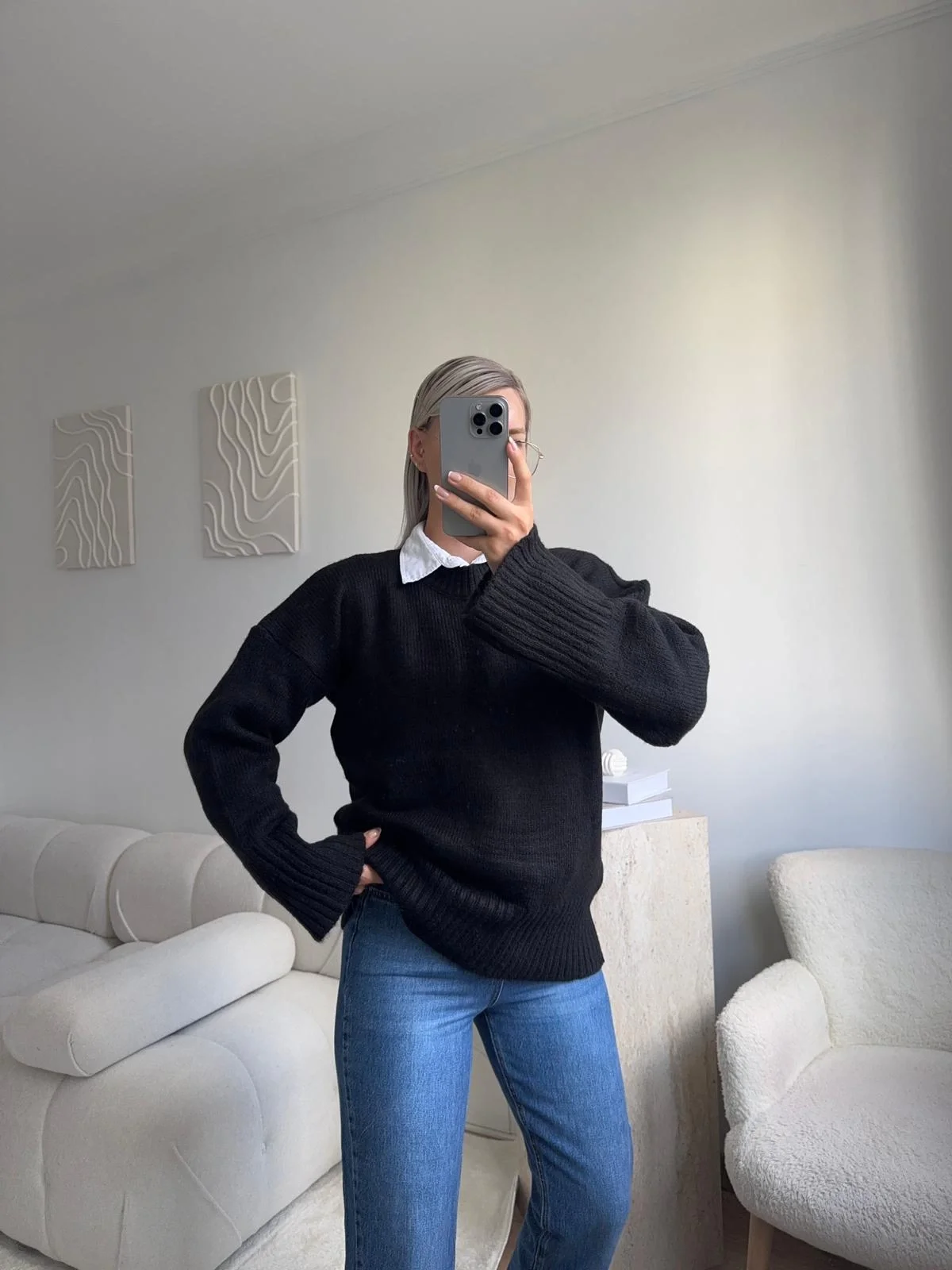 Oversize Bisiklet Yaka Kazak - SİYAH