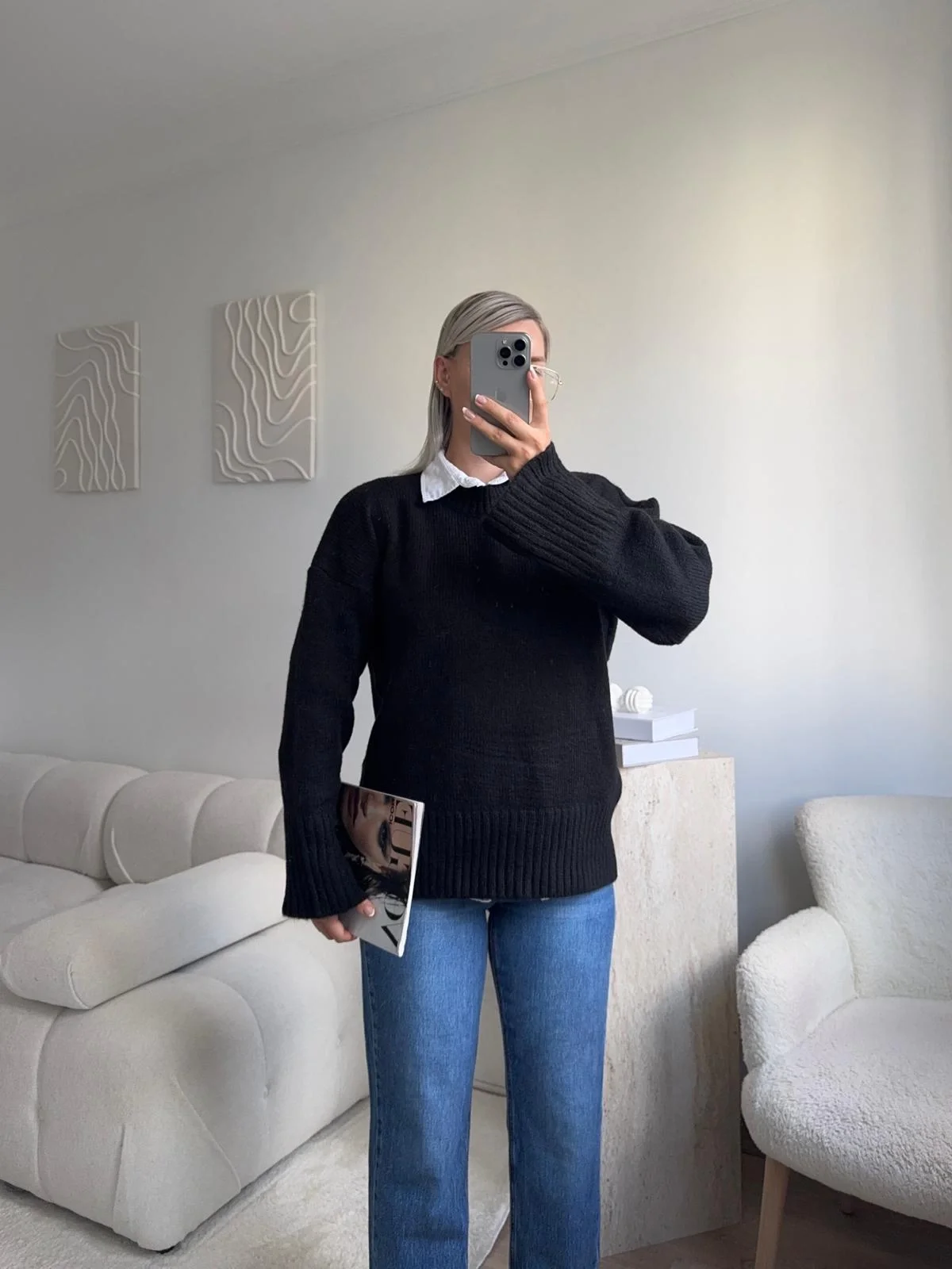 Oversize Bisiklet Yaka Kazak - SİYAH