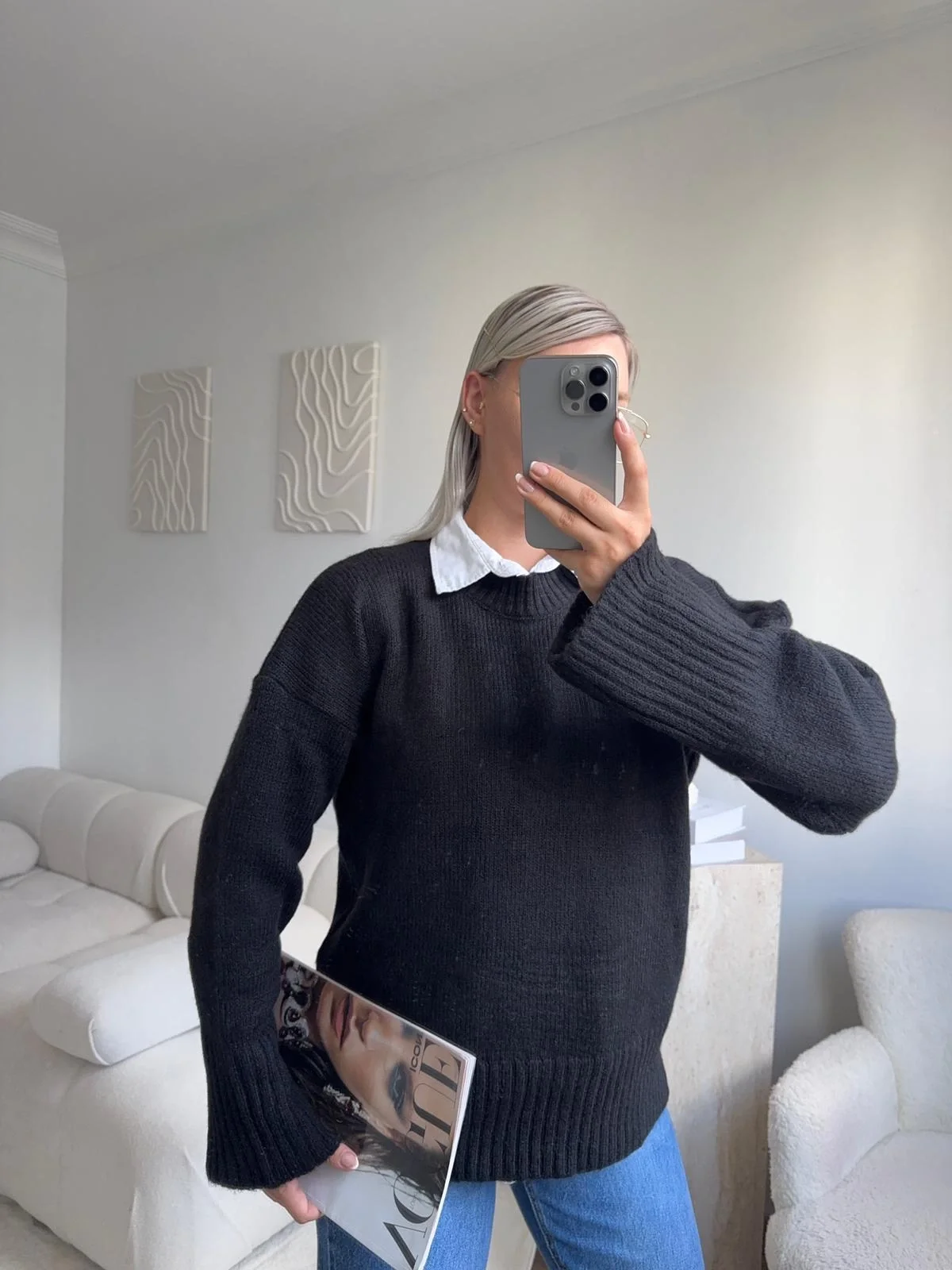 Oversize Bisiklet Yaka Kazak - SİYAH