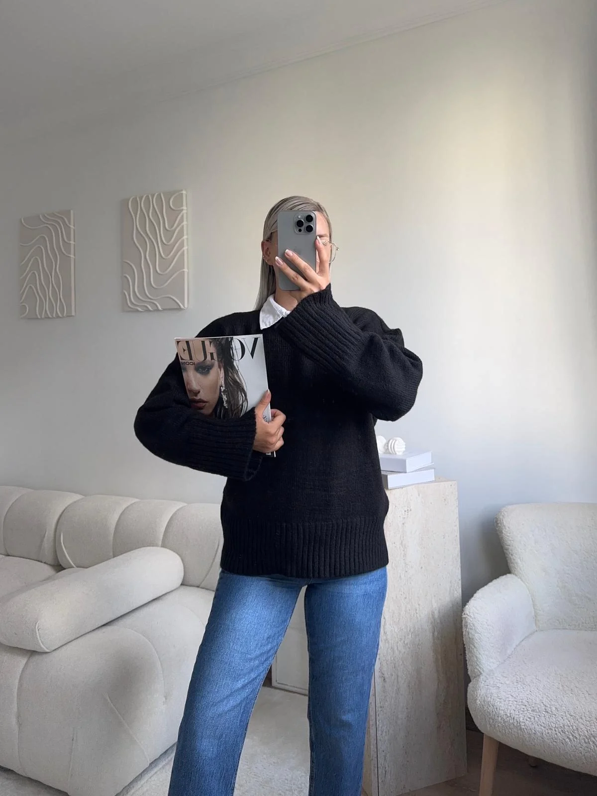 Oversize Bisiklet Yaka Kazak - SİYAH