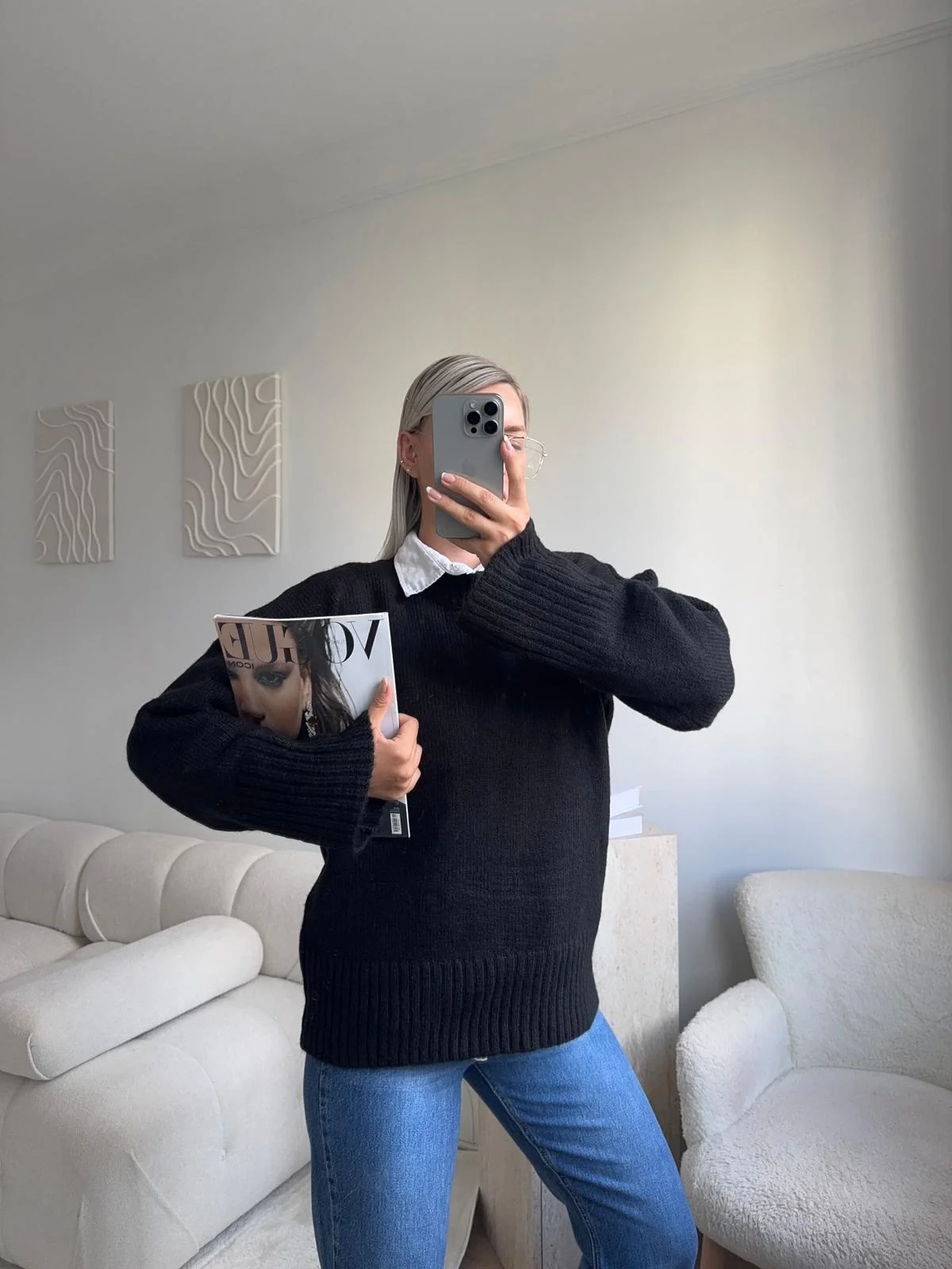 Oversize Bisiklet Yaka Kazak - SİYAH