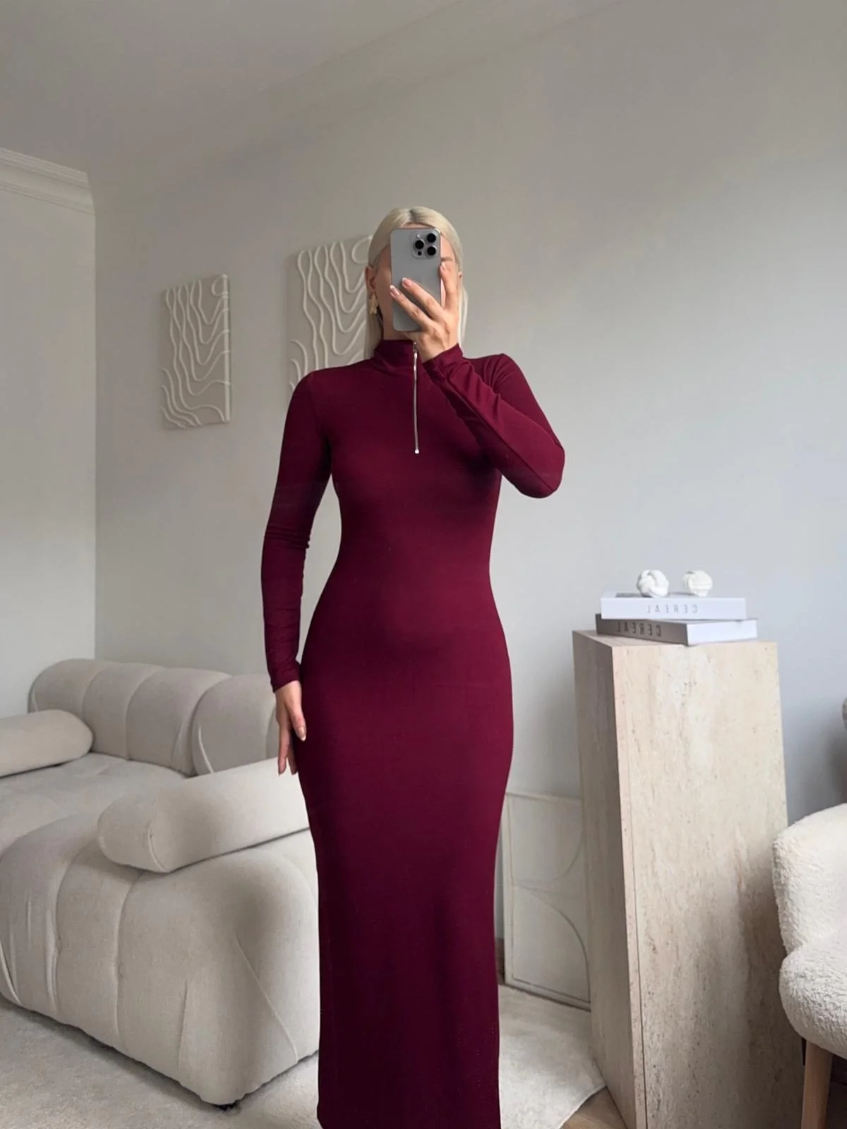 Fermuar Detay Elbise - BORDO