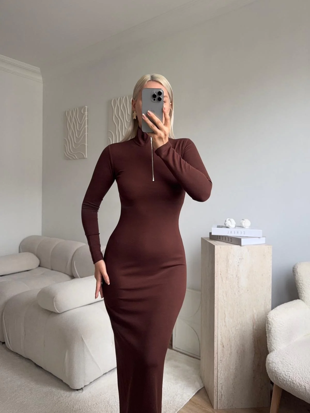 Fermuar Detay Elbise - KAHVE