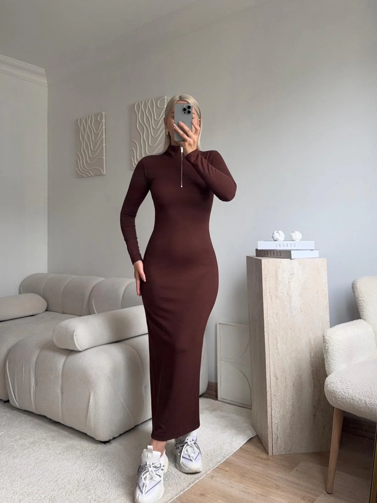 Fermuar Detay Elbise - KAHVE