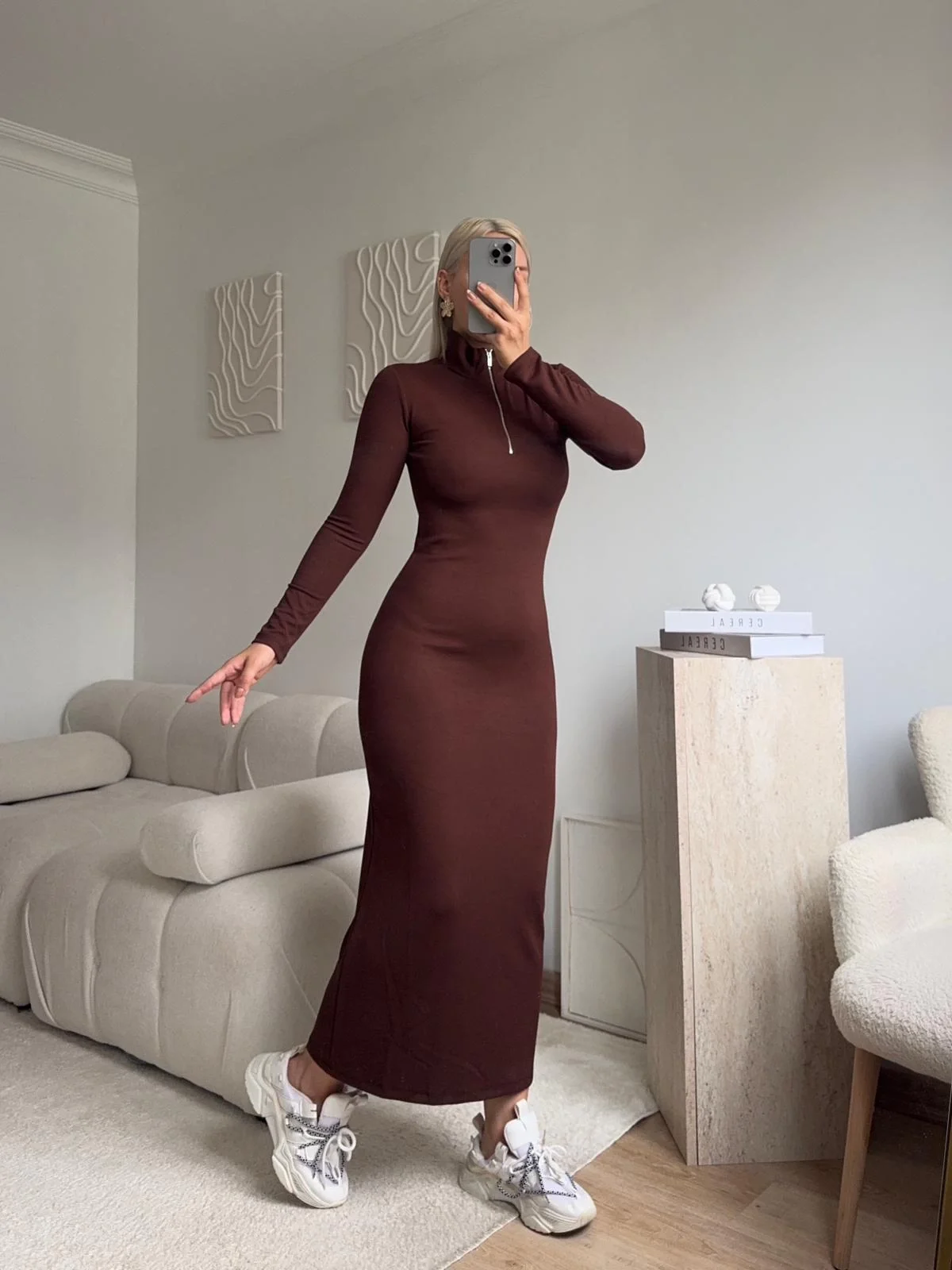 Fermuar Detay Elbise - KAHVE