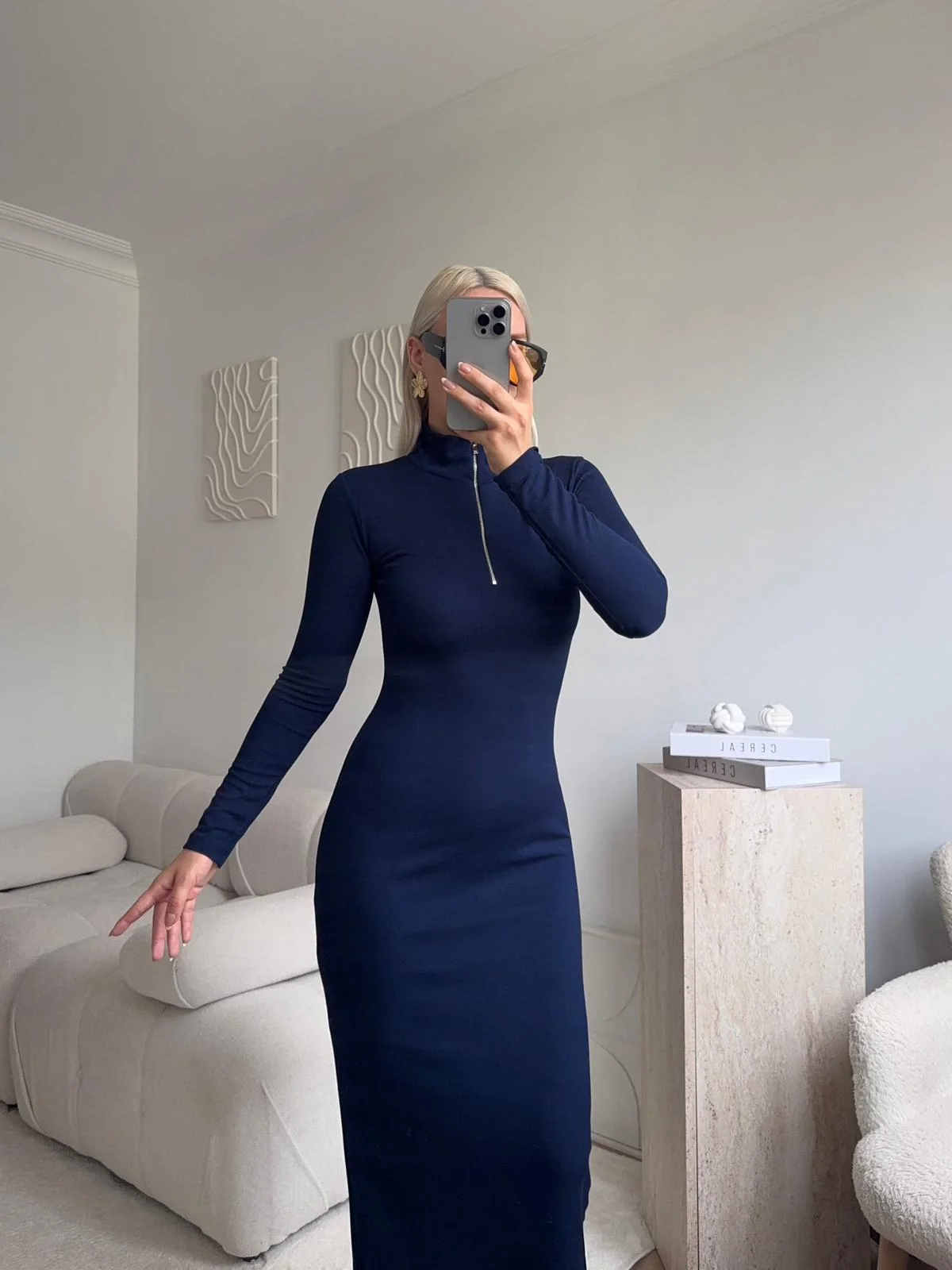 Fermuar Detay Elbise - LACİVERT