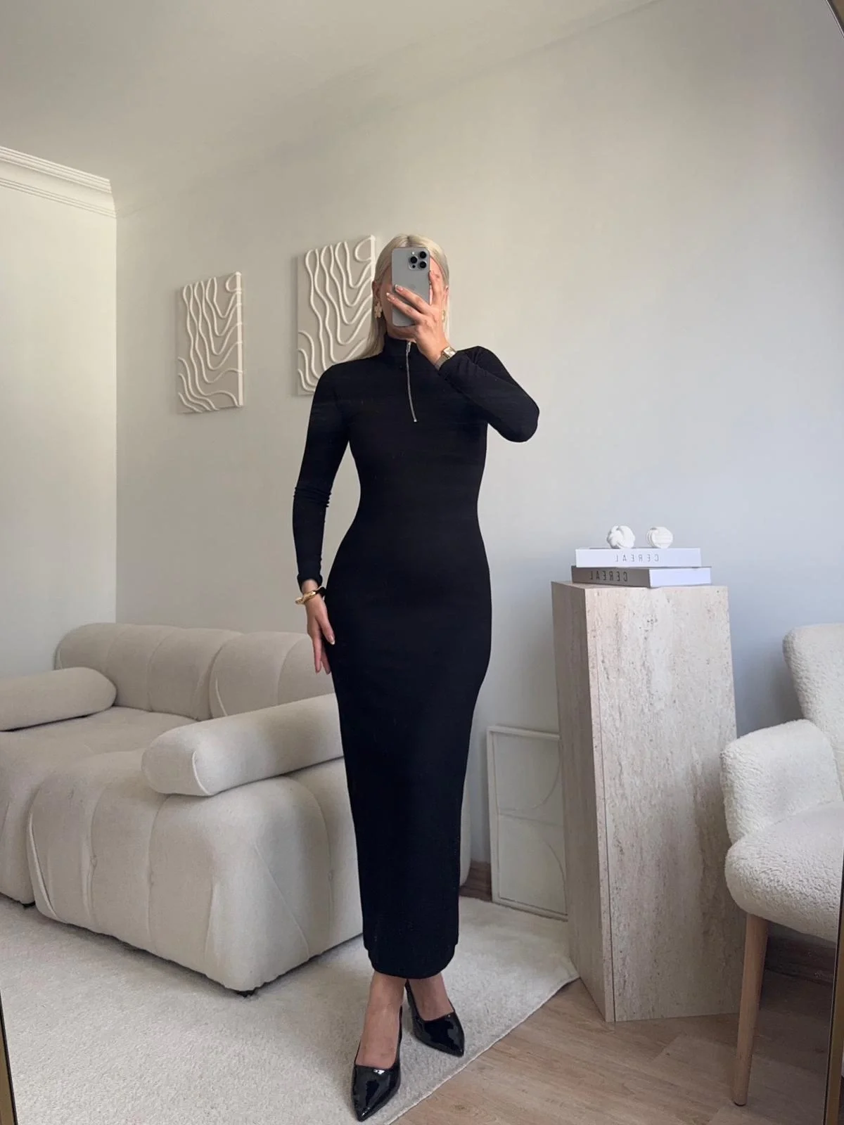 Fermuar Detay Elbise - SİYAH