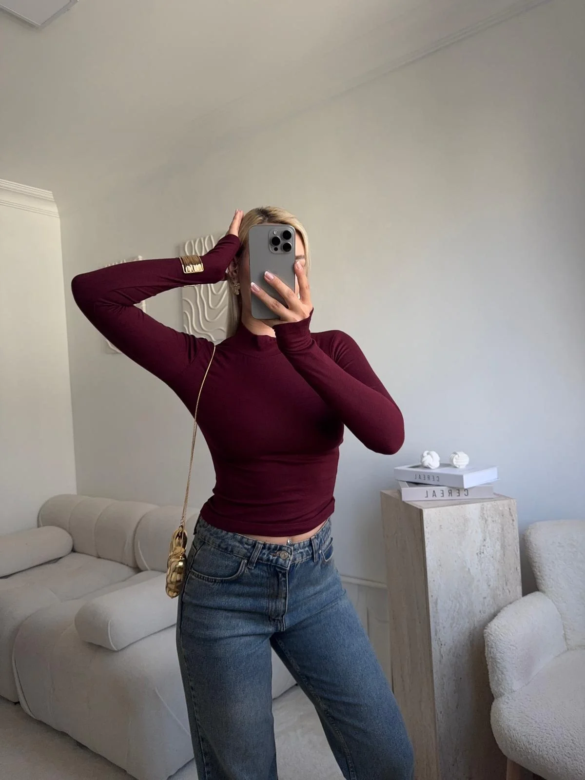 Parmak Geçmeli Premium Kumaş Bluz -BORDO