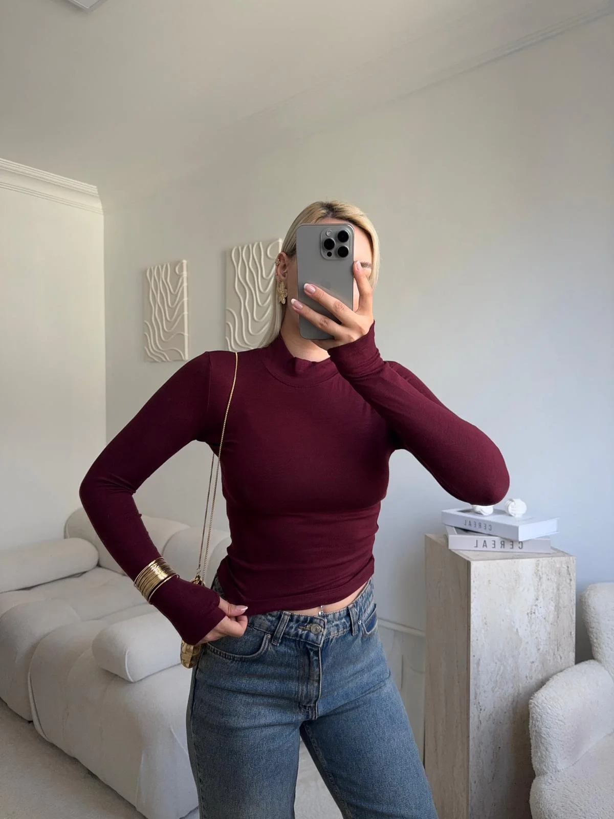 Parmak Geçmeli Premium Kumaş Bluz -BORDO