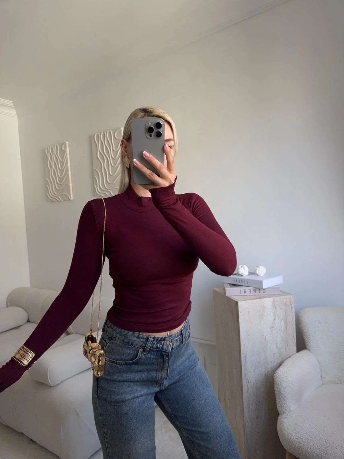 Parmak Geçmeli Premium Kumaş Bluz -BORDO