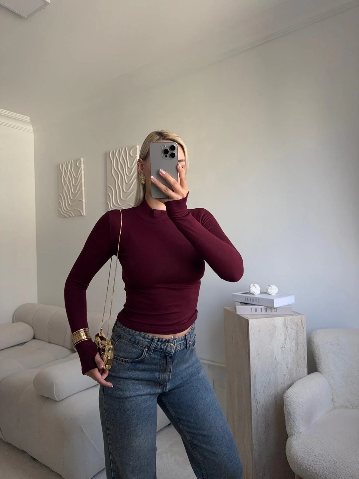 Parmak Geçmeli Premium Kumaş Bluz -BORDO