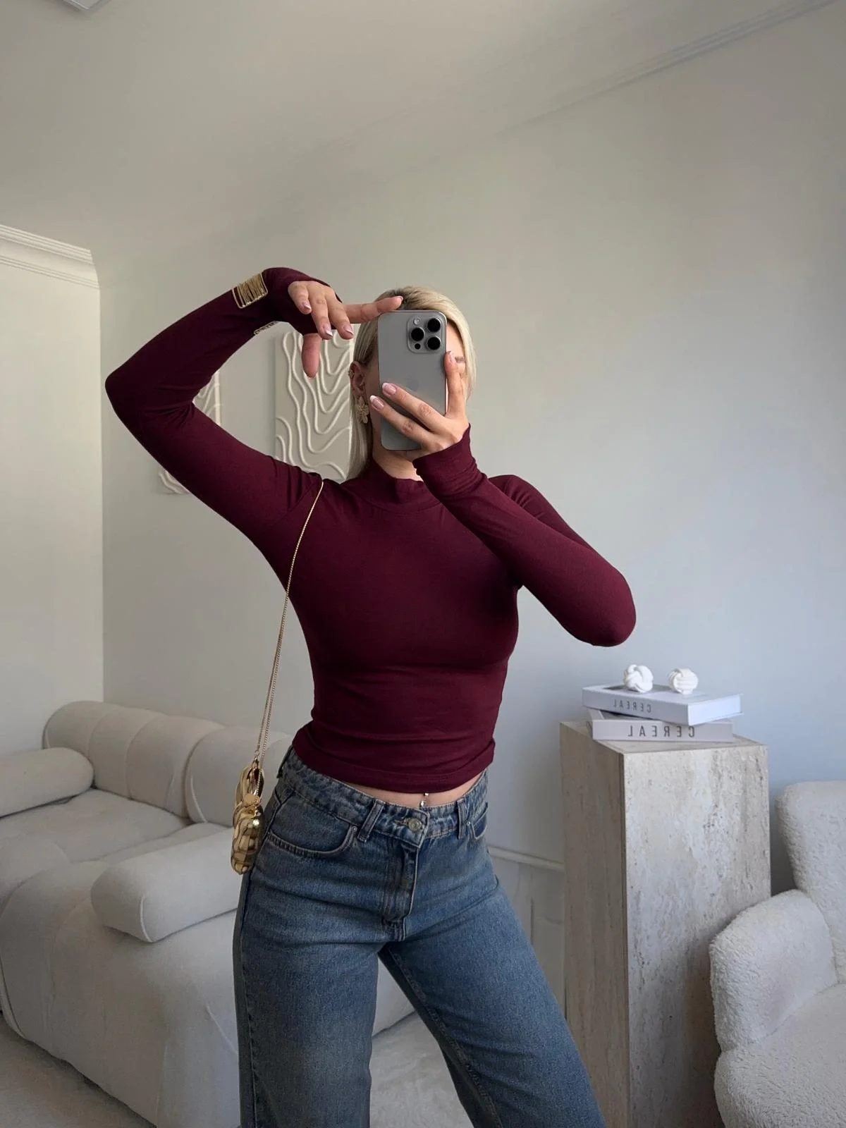 Parmak Geçmeli Premium Kumaş Bluz -BORDO