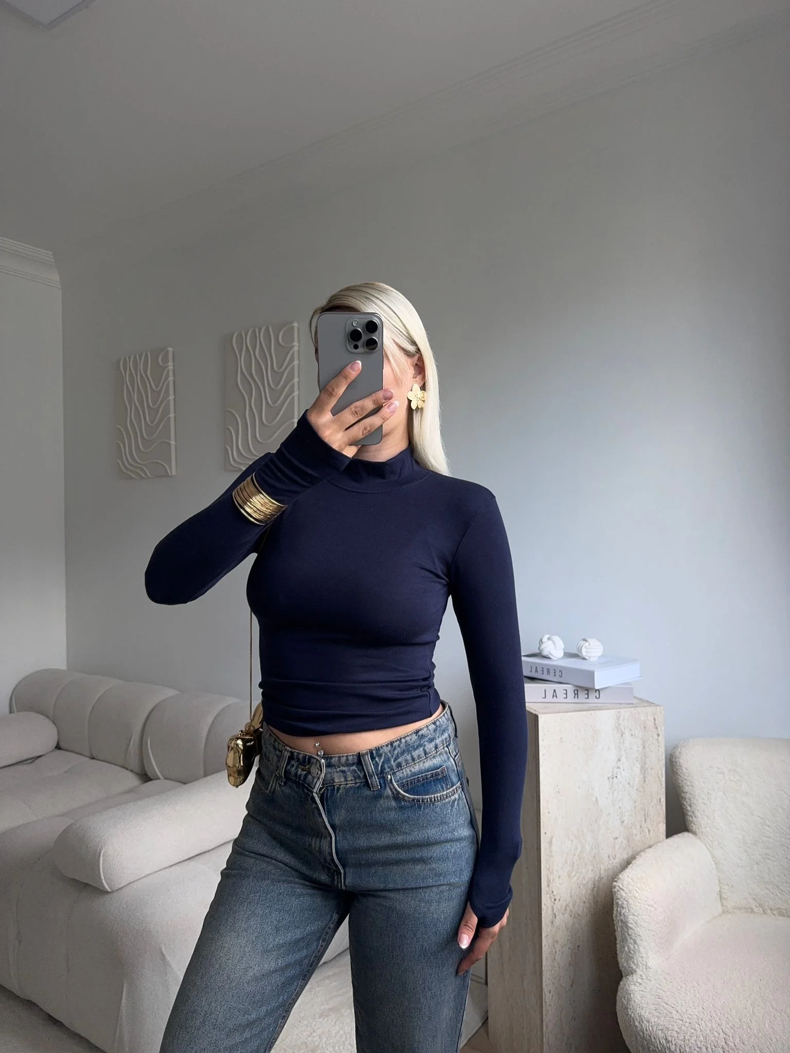 Parmak Geçmeli Premium Kumaş Bluz -LACİVERT