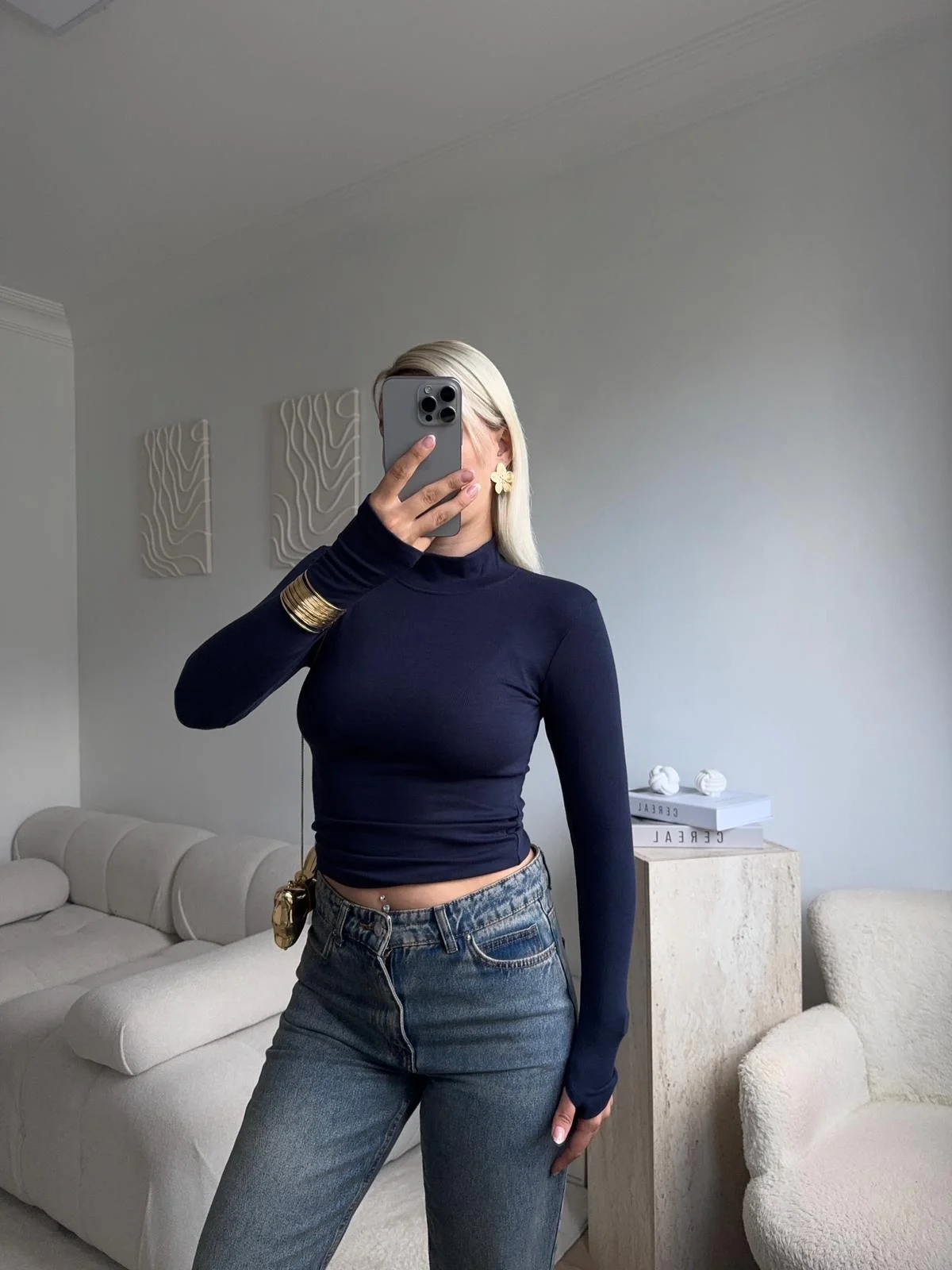 Parmak Geçmeli Premium Kumaş Bluz -LACİVERT