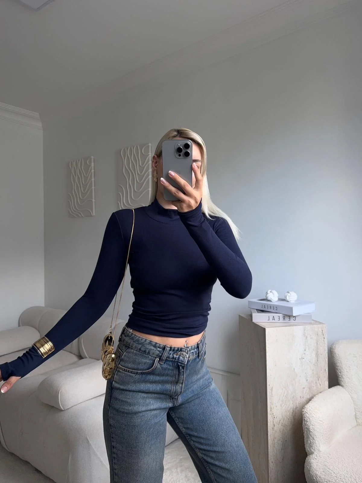 Parmak Geçmeli Premium Kumaş Bluz -LACİVERT