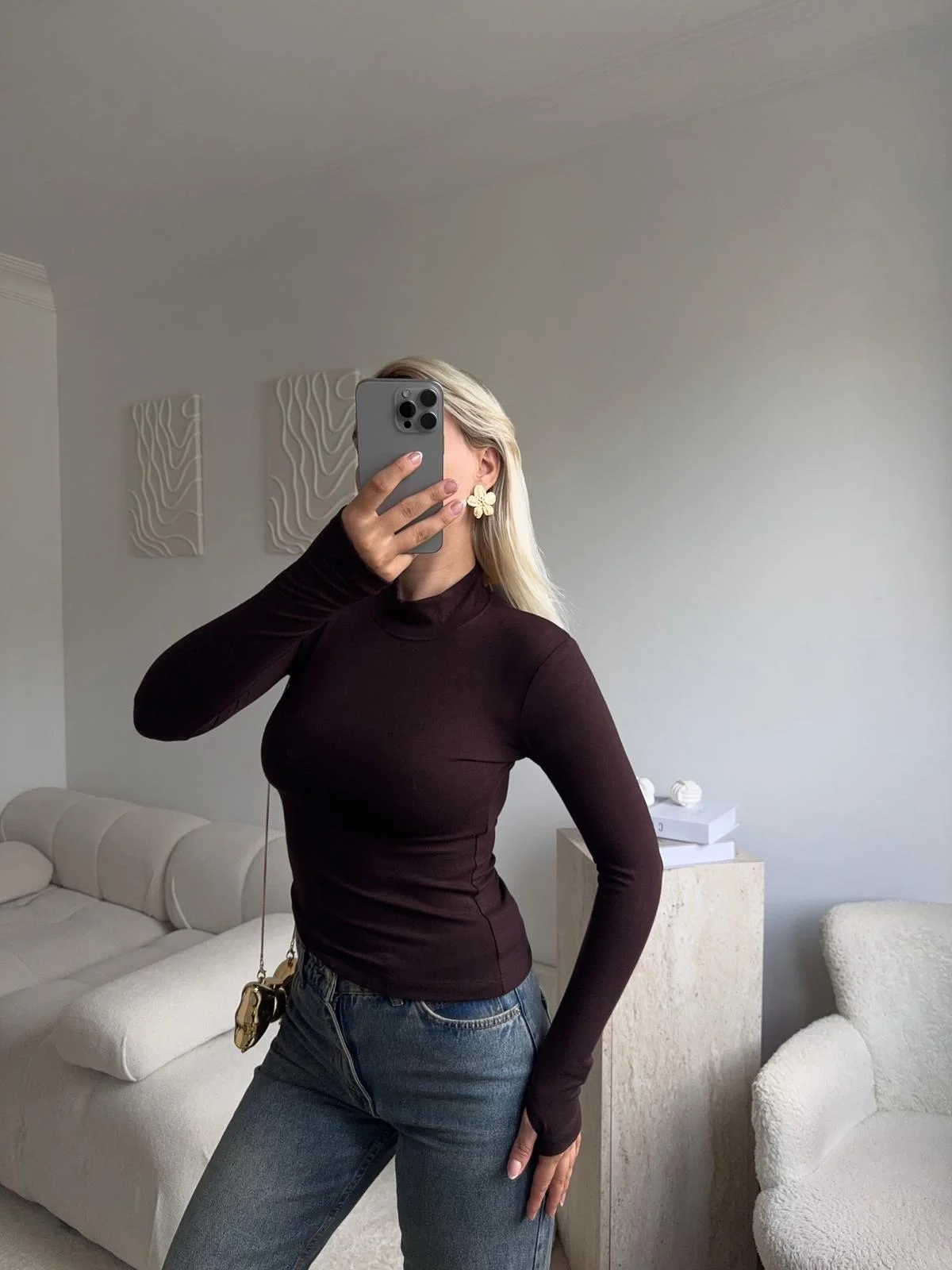 Parmak Geçmeli Premium Kumaş Bluz -KAHVE