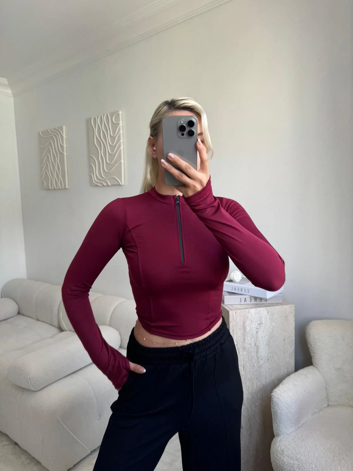 Parmak Geçmeli Fermuar Crop - BORDO