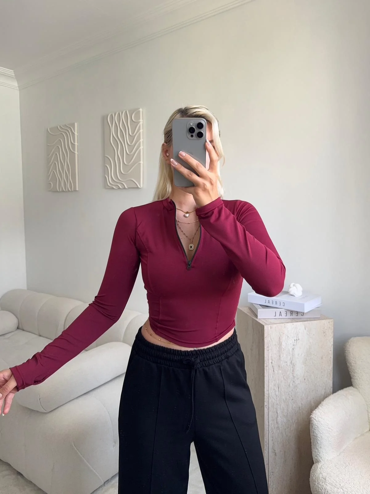 Parmak Geçmeli Fermuar Crop - BORDO