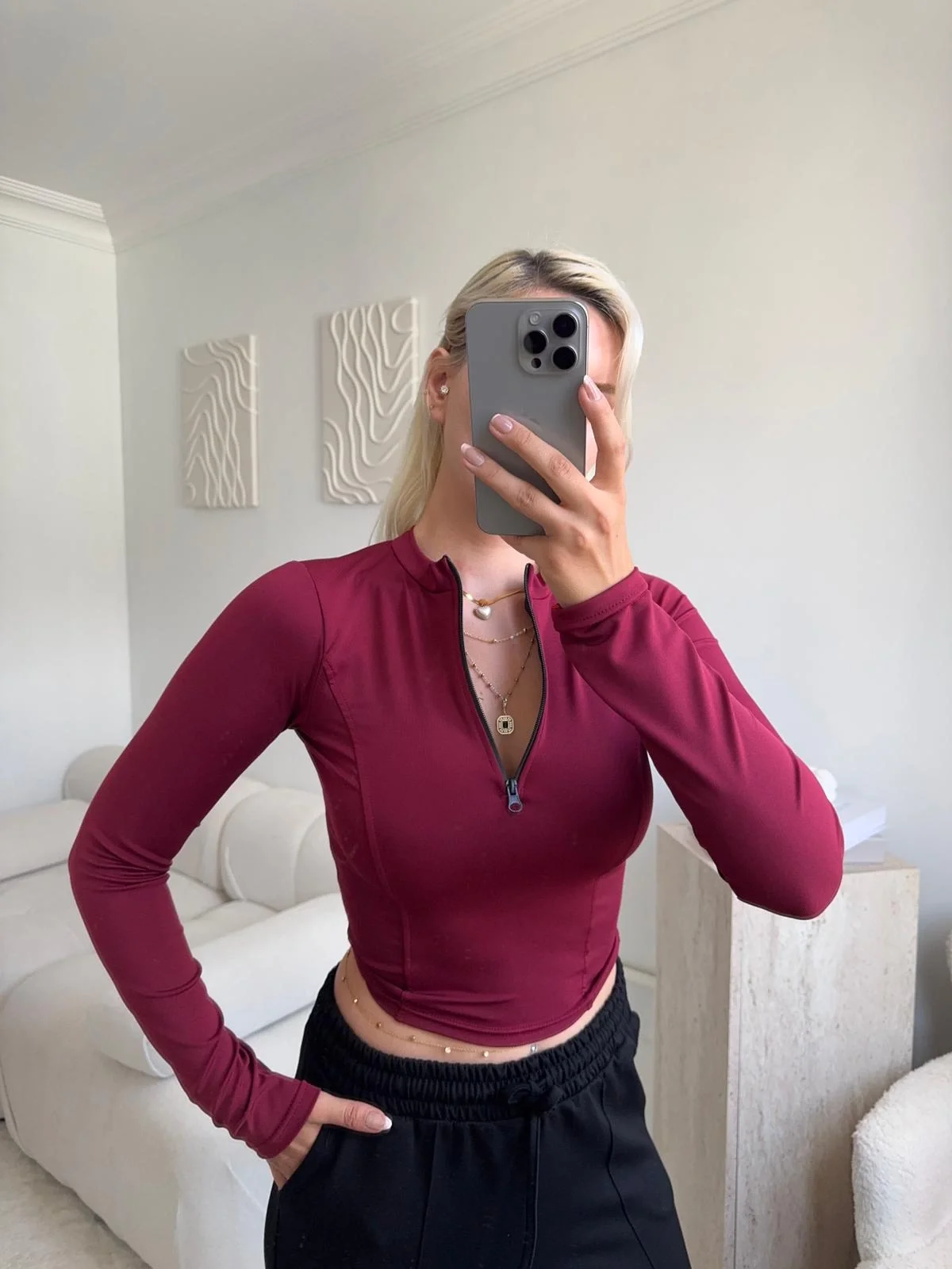 Parmak Geçmeli Fermuar Crop - BORDO