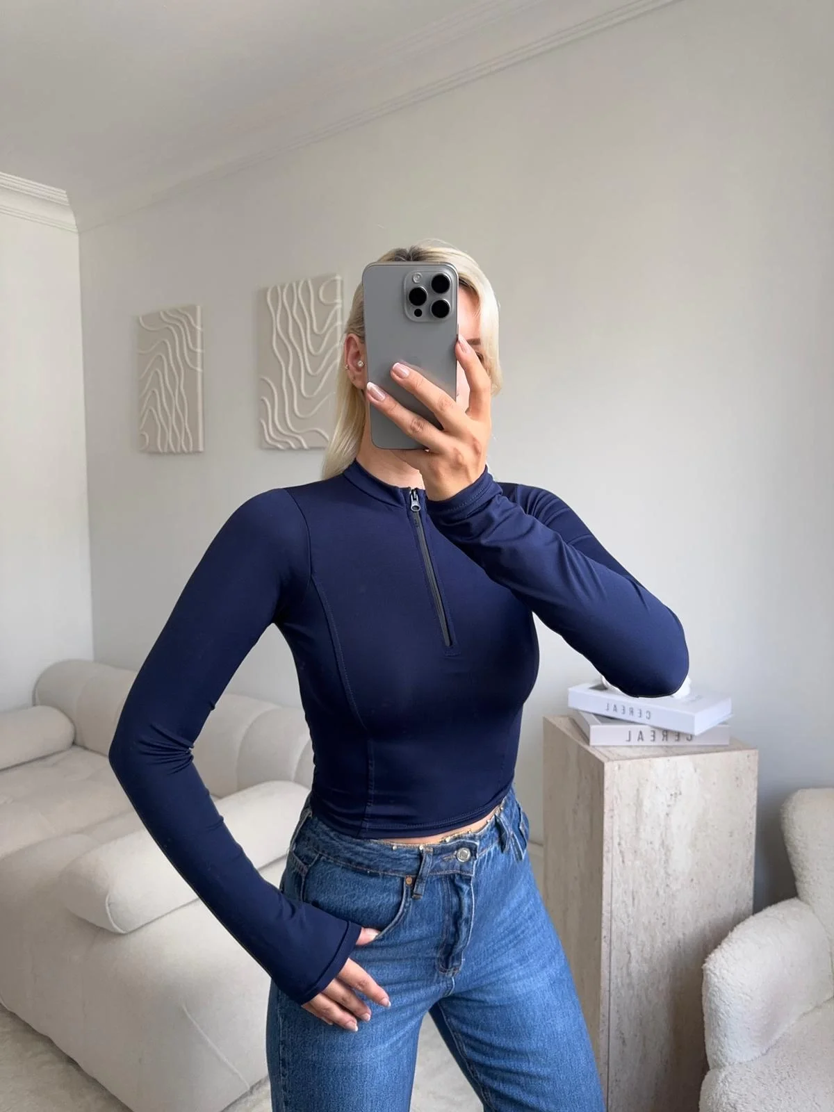 Parmak Geçmeli Fermuar Crop - LACİVERT