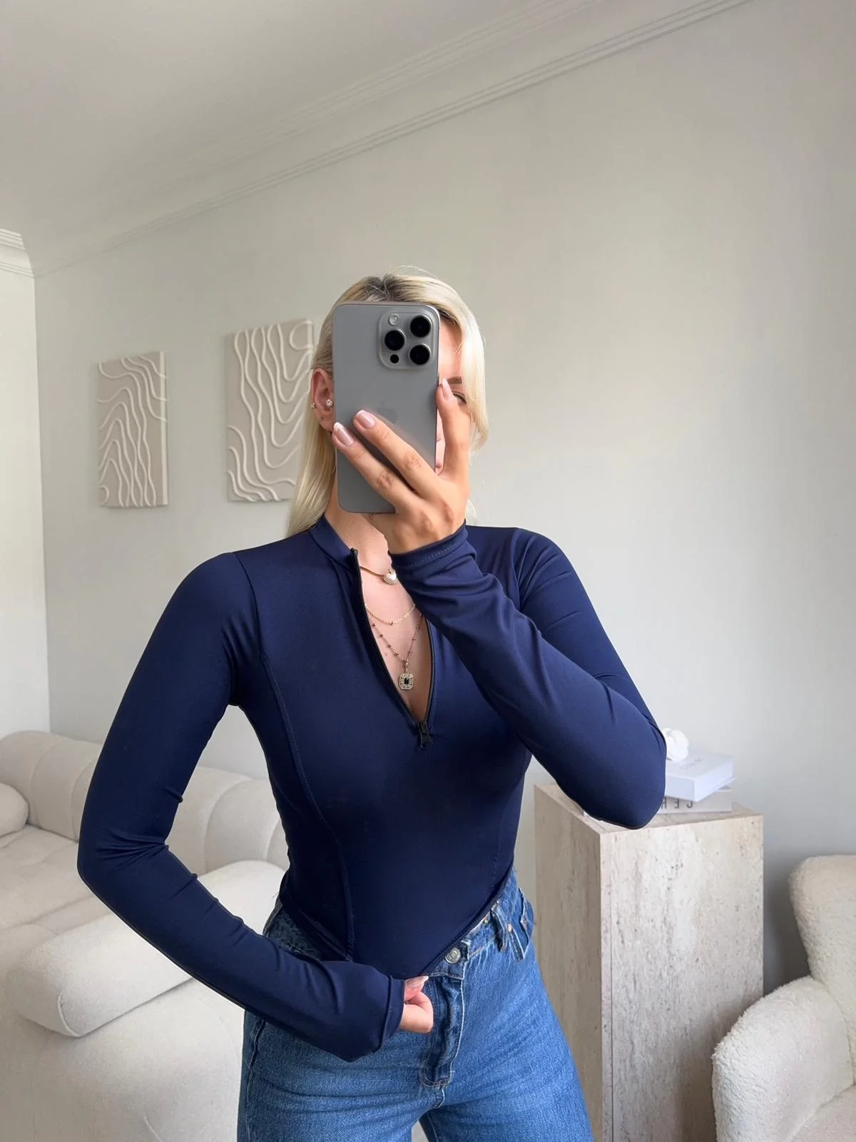 Parmak Geçmeli Fermuar Crop - LACİVERT