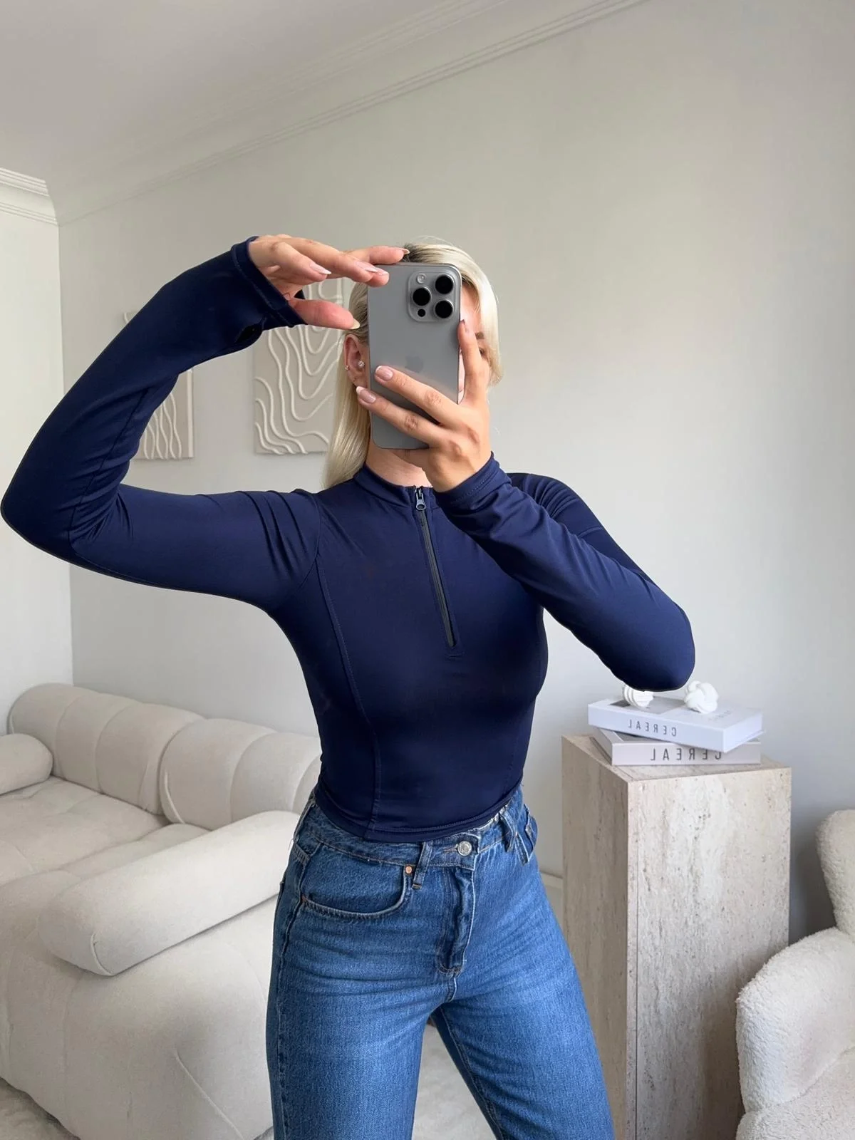 Parmak Geçmeli Fermuar Crop - LACİVERT