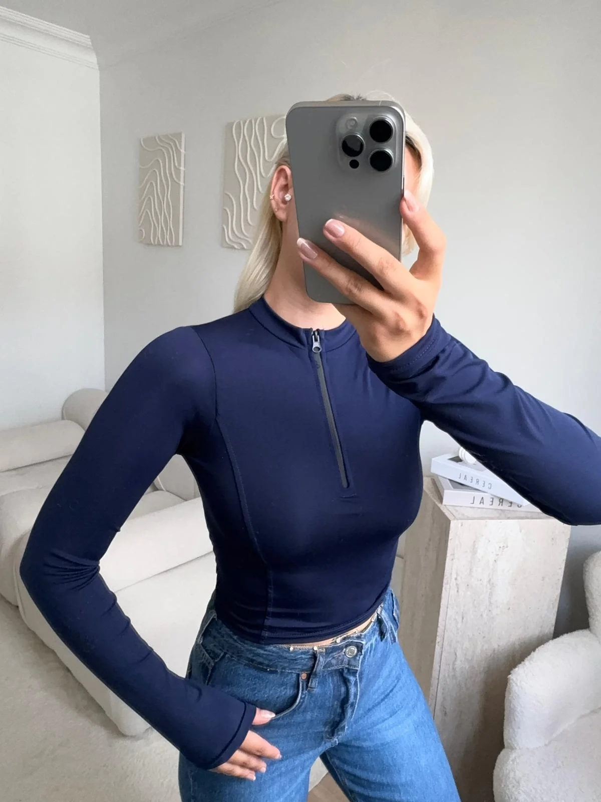 Parmak Geçmeli Fermuar Crop - LACİVERT