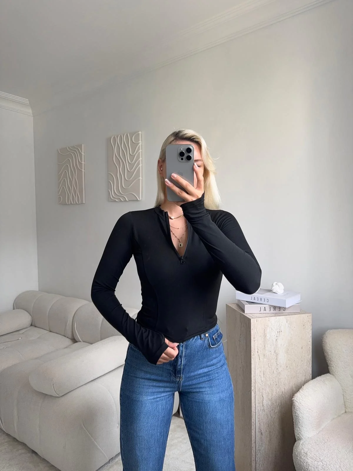 Parmak Geçmeli Fermuar Crop - SİYAH