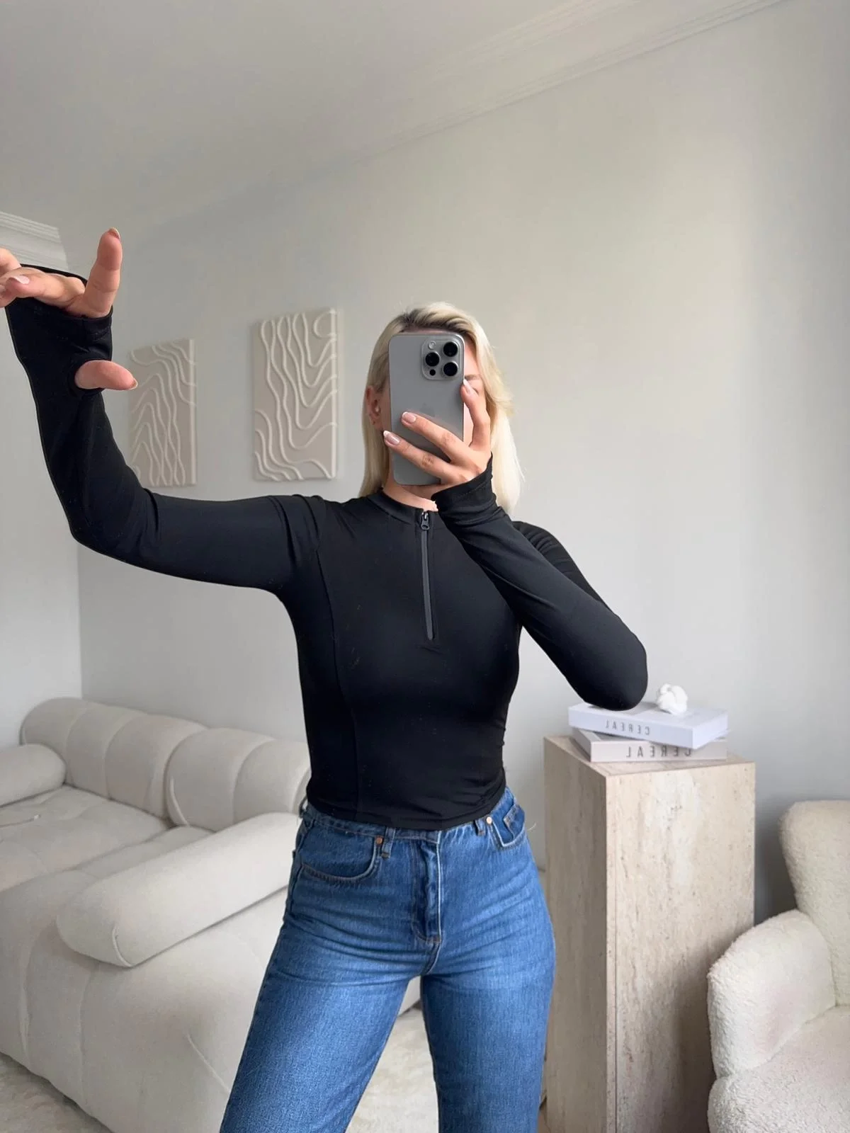 Parmak Geçmeli Fermuar Crop - SİYAH