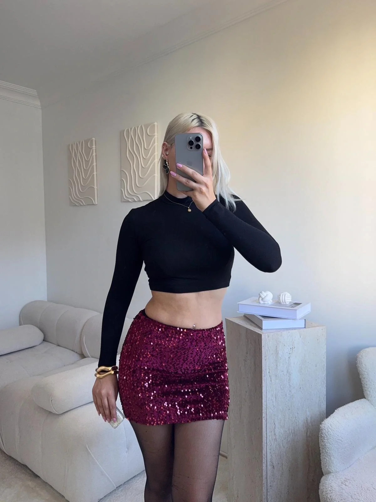 Payetli Şort Etek - BORDO