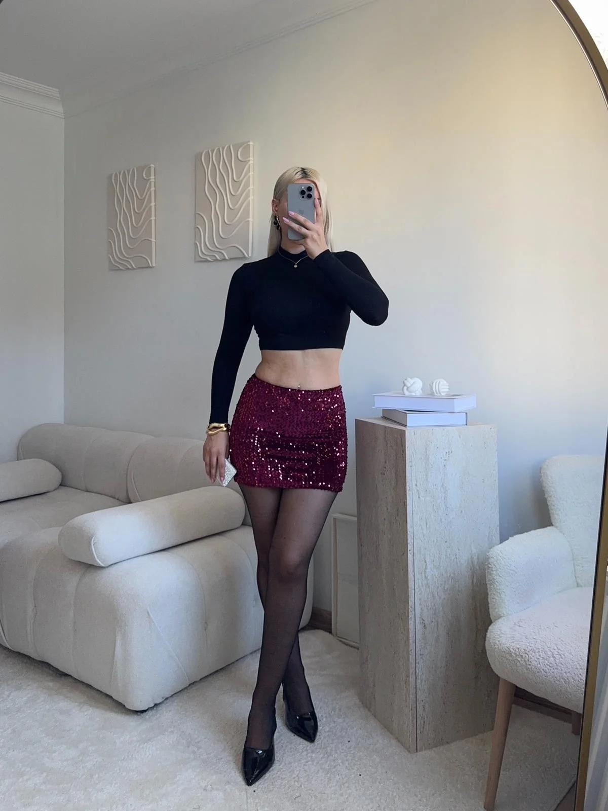 Payetli Şort Etek - BORDO