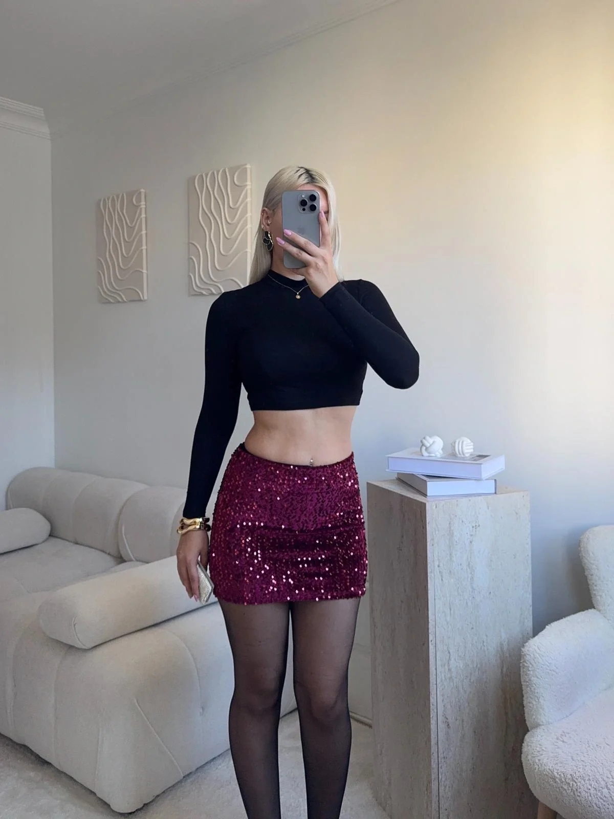 Payetli Şort Etek - BORDO
