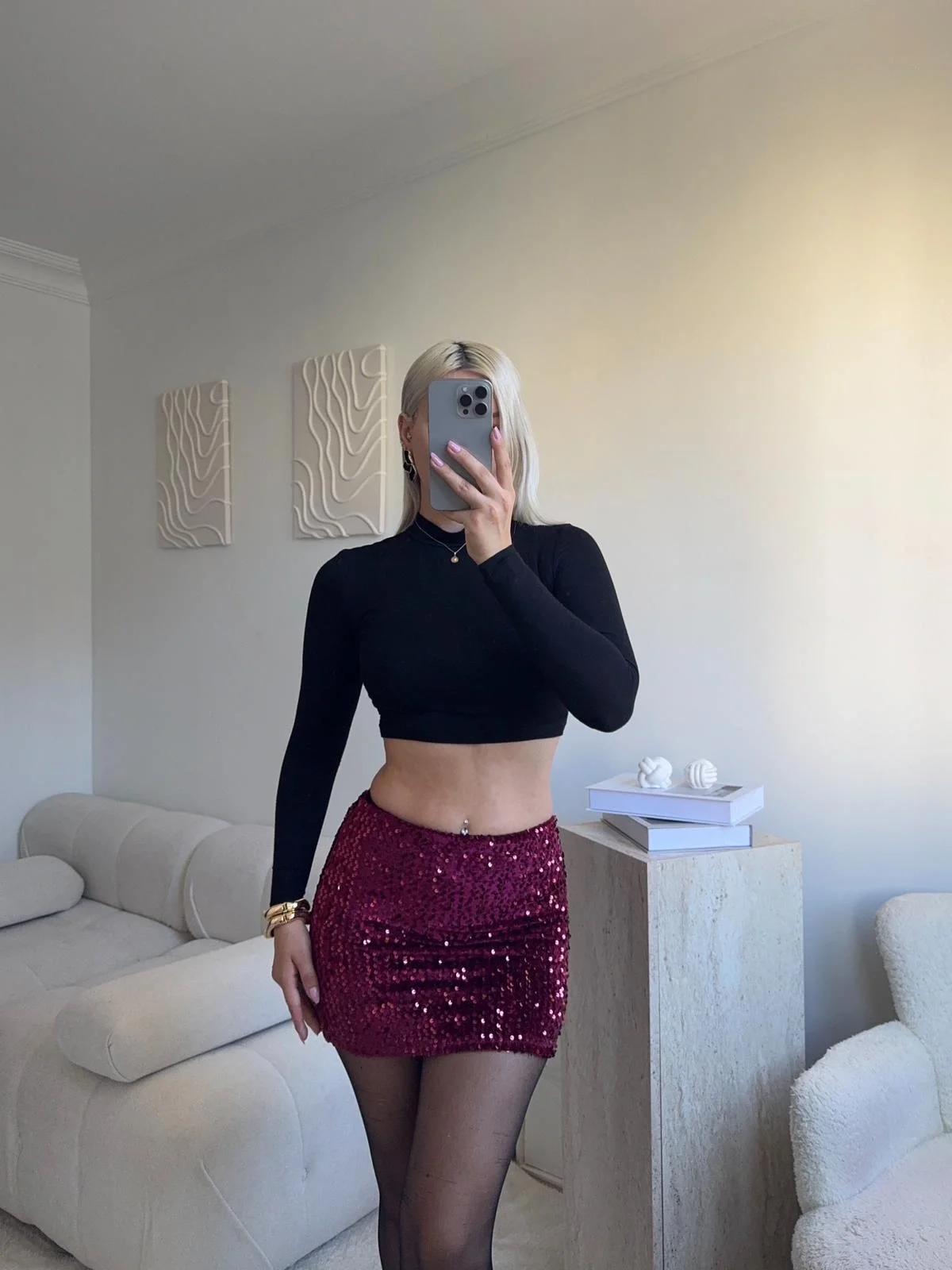 Payetli Şort Etek - BORDO