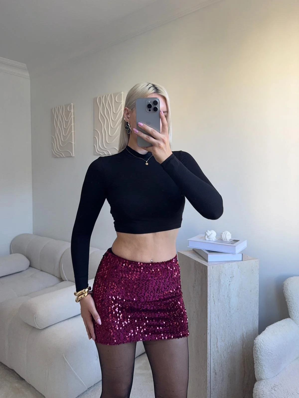 Payetli Şort Etek - BORDO