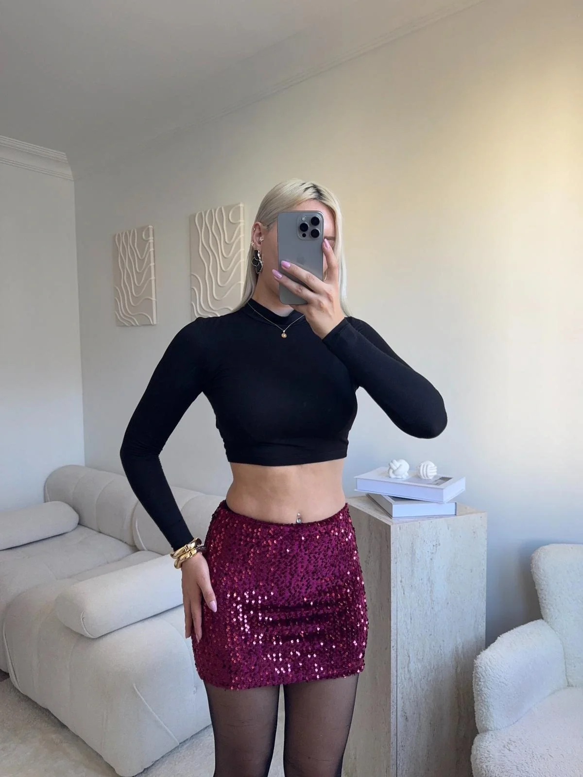 Payetli Şort Etek - BORDO