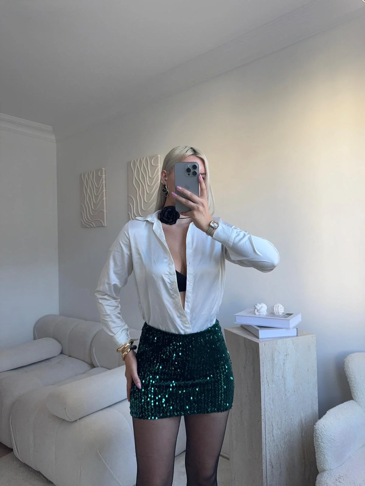 Payetli Şort Etek - YEŞİL