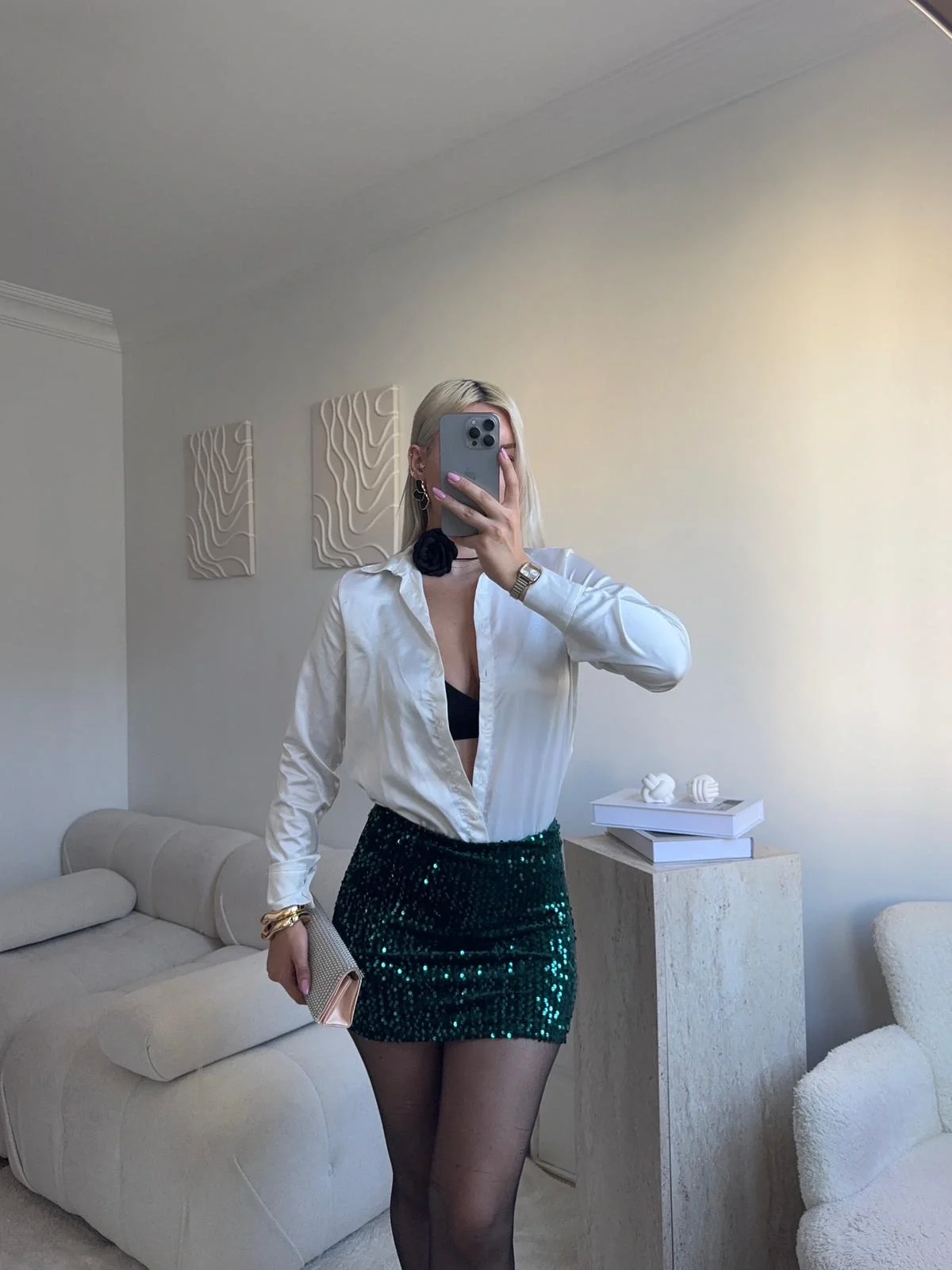 Payetli Şort Etek - YEŞİL