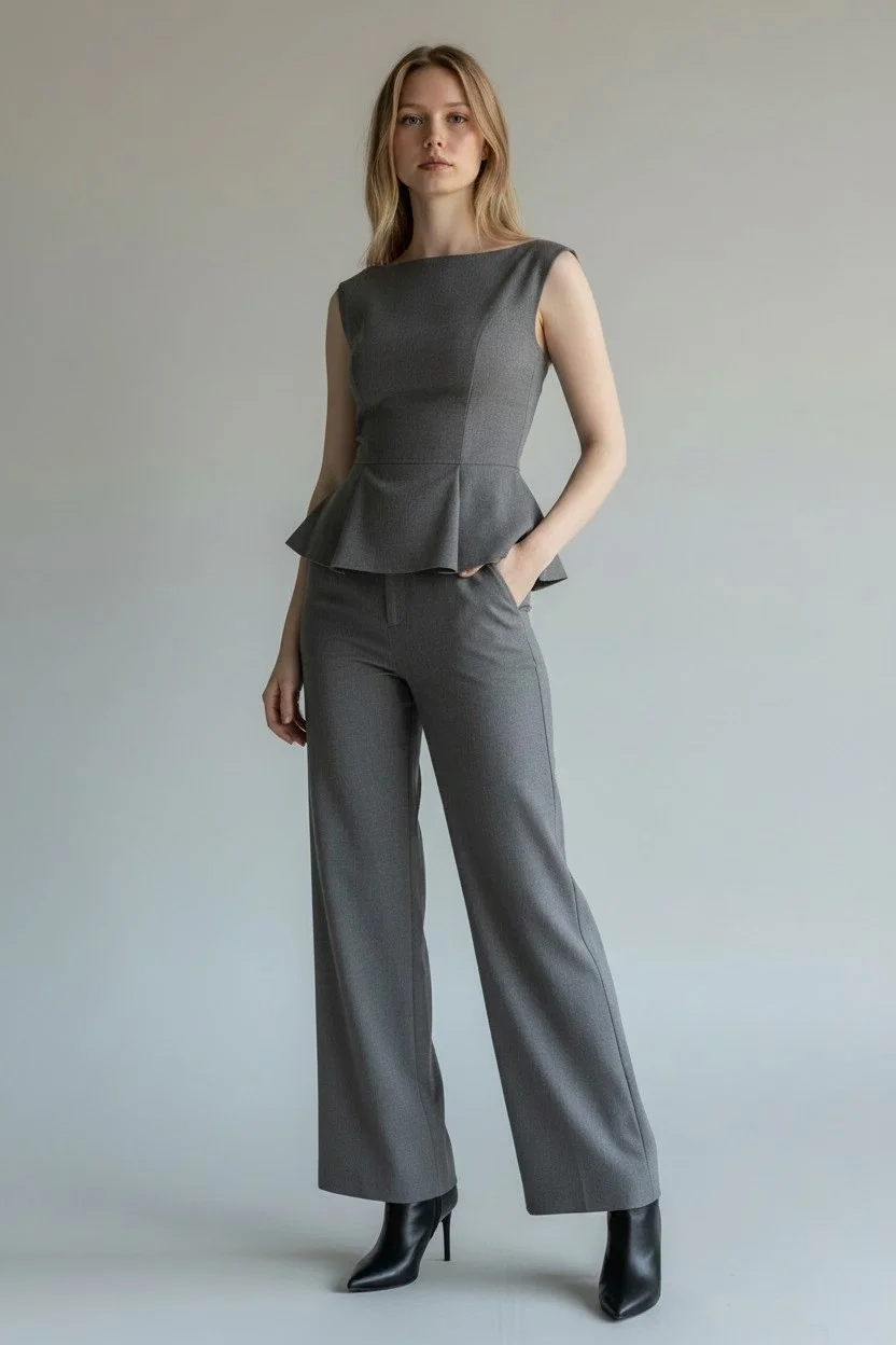 Peplum Detaylı Bluz ve Yüksek Bel Palazzo Pantolon Takım - GRİ