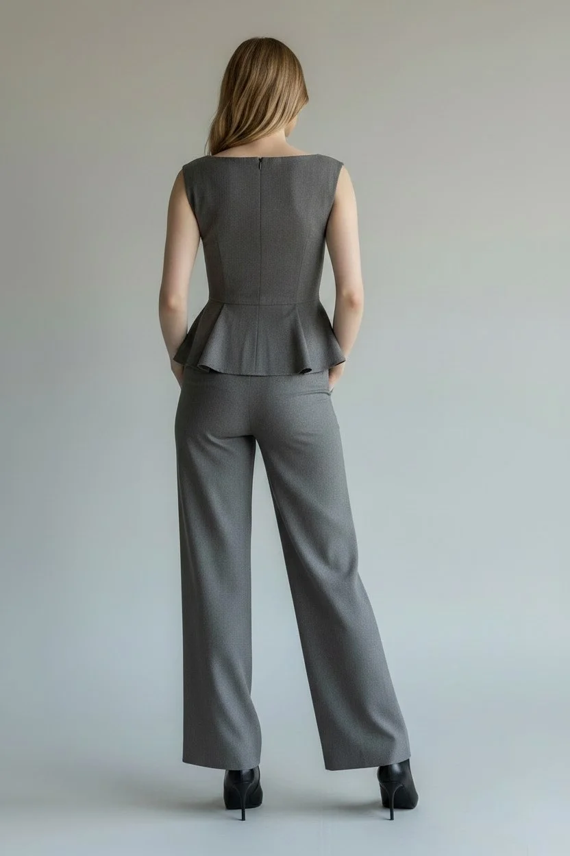 Peplum Detaylı Bluz ve Yüksek Bel Palazzo Pantolon Takım - GRİ