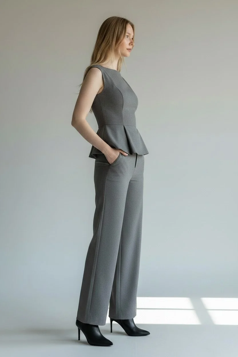 Peplum Detaylı Bluz ve Yüksek Bel Palazzo Pantolon Takım - GRİ