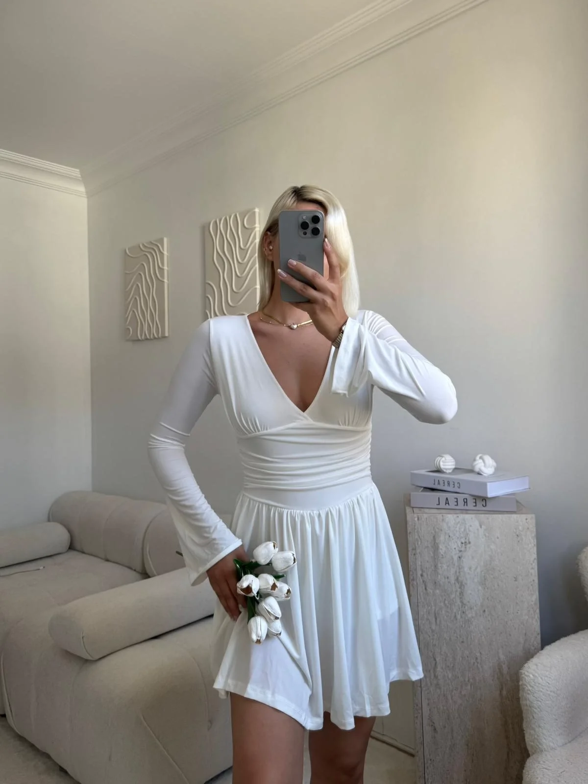 Pileli Kruvaze Şortlu Elbise - BEYAZ