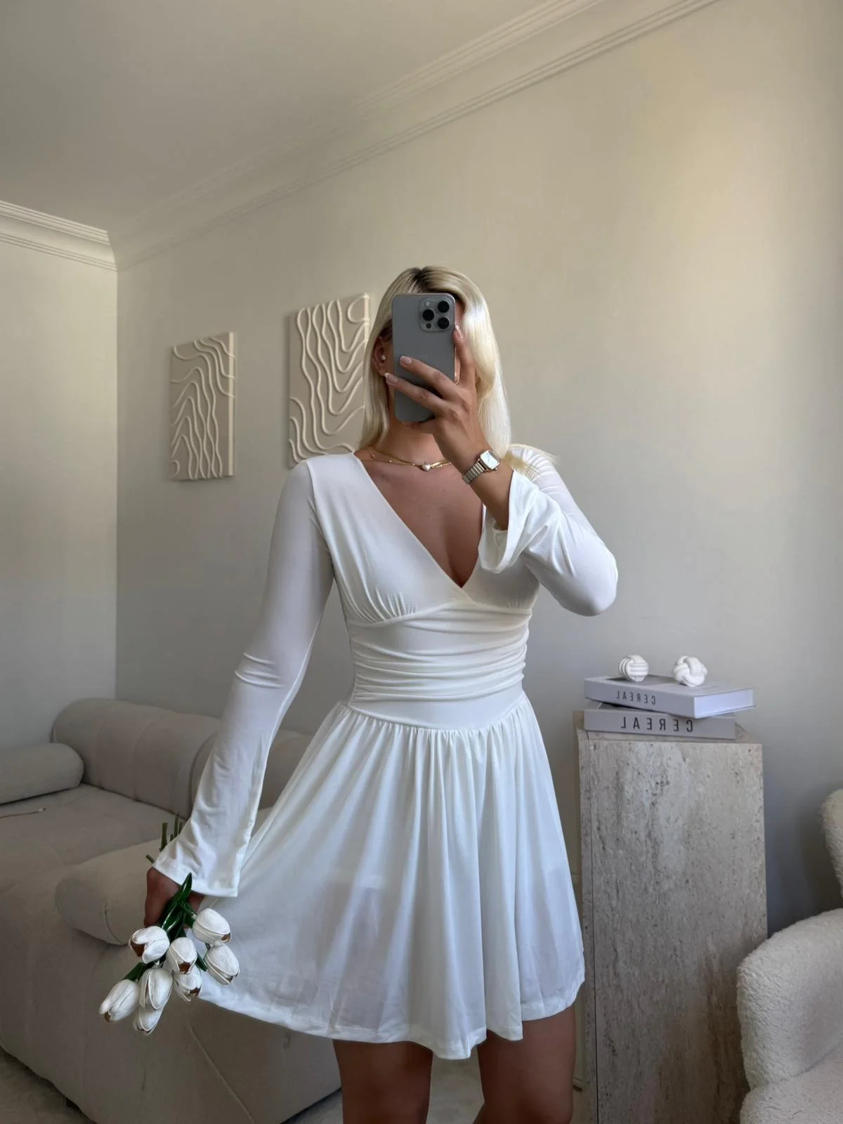 Pileli Kruvaze Şortlu Elbise - BEYAZ